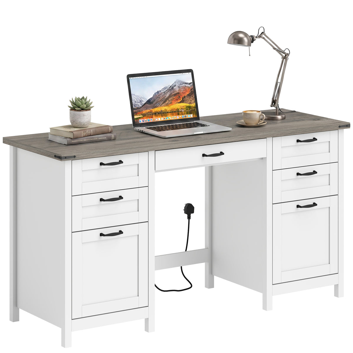 Farmhouse 57" Executive Desk with 7 Drawers, Computer Desk with Power Outlets & USB Charging, Hanging Bar for A4 and Letter, Home Office, Study, Grey Brown and White
