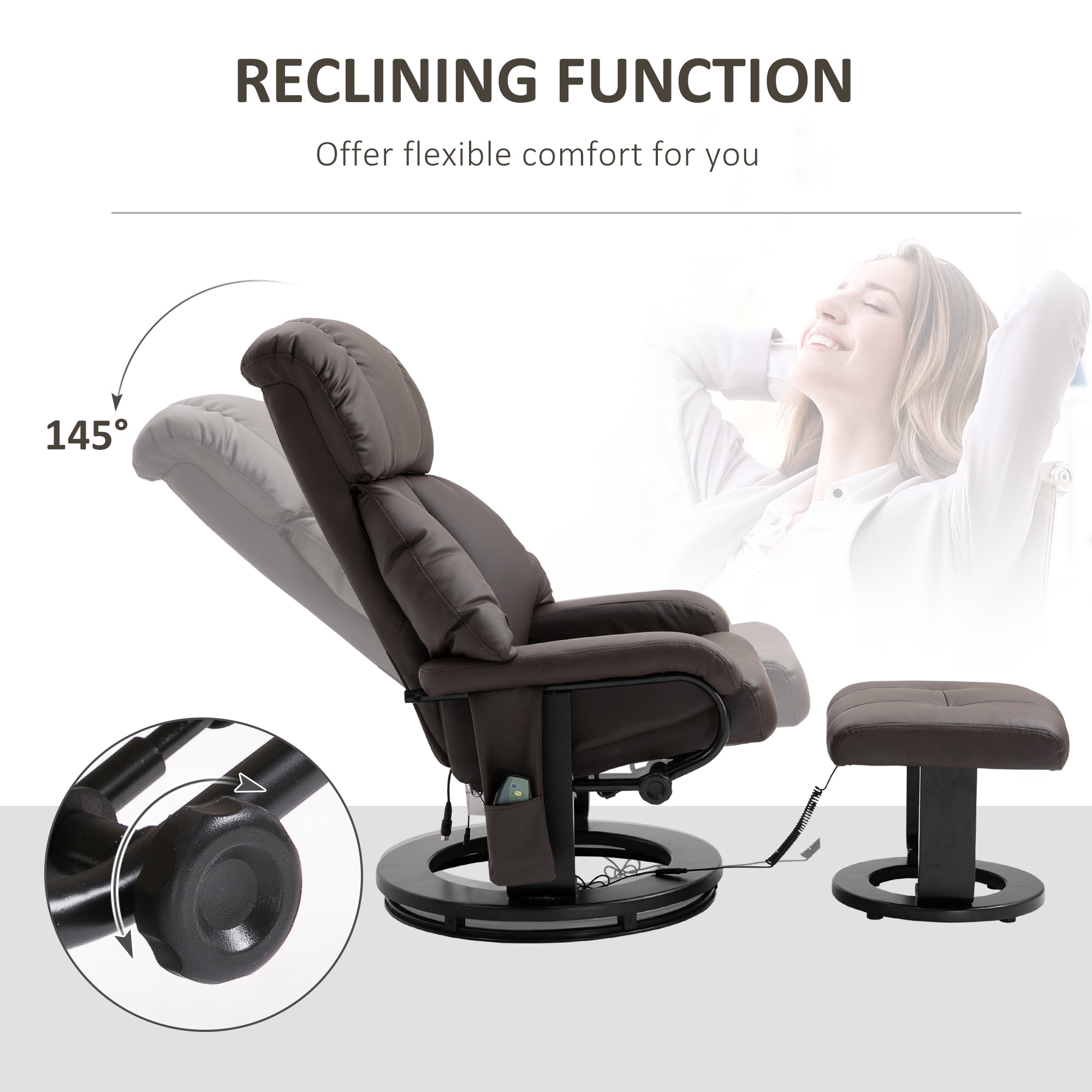 Recliner with Ottoman Footrest, Recliner Chair with Vibration Massage, Faux Leather and Swivel Wood Base for Living Room and Bedroom, Brown