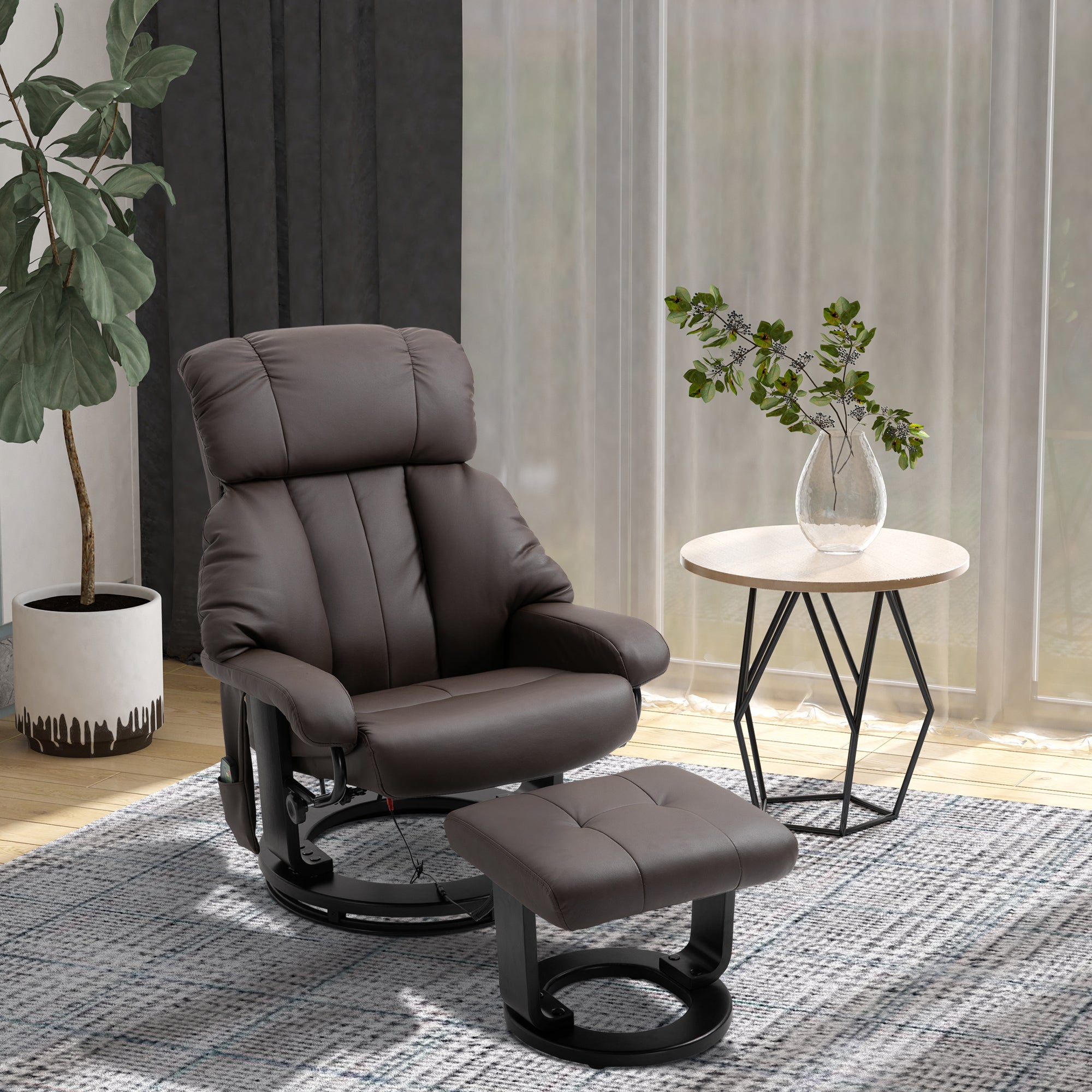 Recliner with Ottoman Footrest, Recliner Chair with Vibration Massage, Faux Leather and Swivel Wood Base for Living Room and Bedroom, Brown