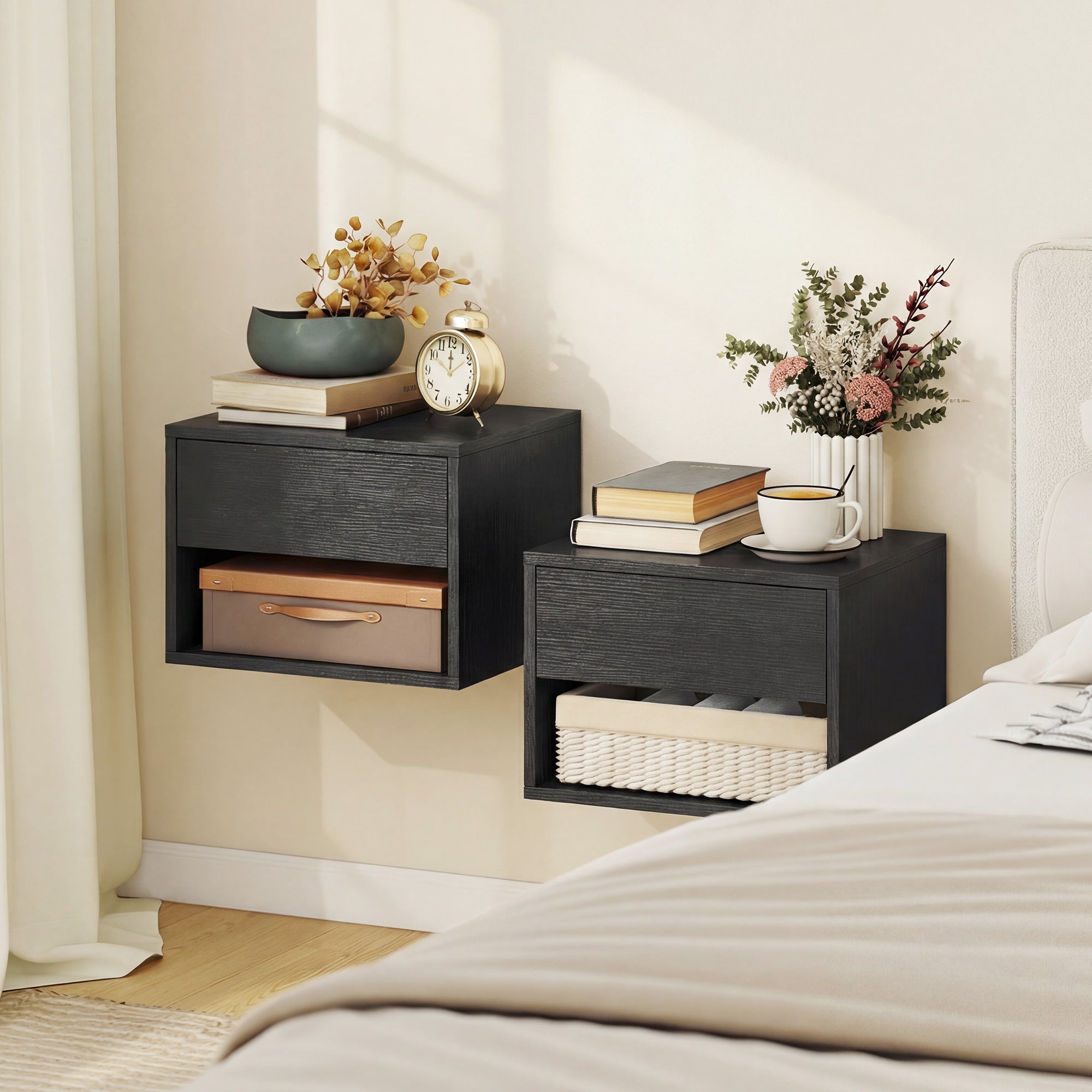 Floating Nightstand Set of 2, Wall Mounted Bedside Table with Drawer and Shelf, End Table for Bedroom, Black