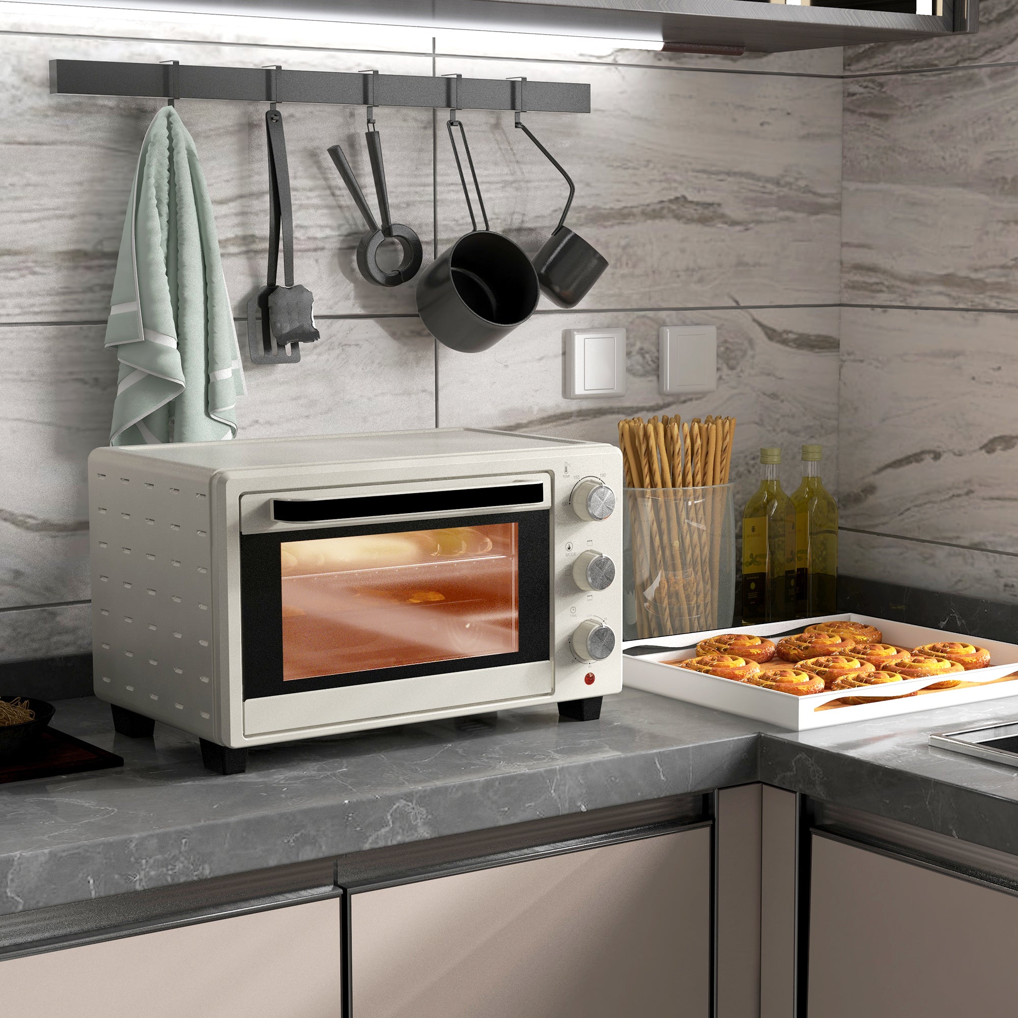 HOMCOM Mini Oven, 21L Countertop Electric Grill, Toaster Oven with Adjustable Temperature, Timer, Baking Tray and Wire Rack, 1400W, Cream