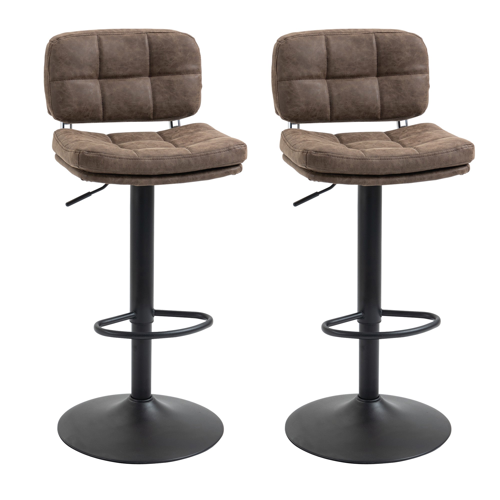 Bar Stools Set of 2, Swivel Counter Height Barstools with Adjustable Height, Back and Footrest, PU Leather Upholstered Bar Chairs for Home Kitchen Island, Brown and Black