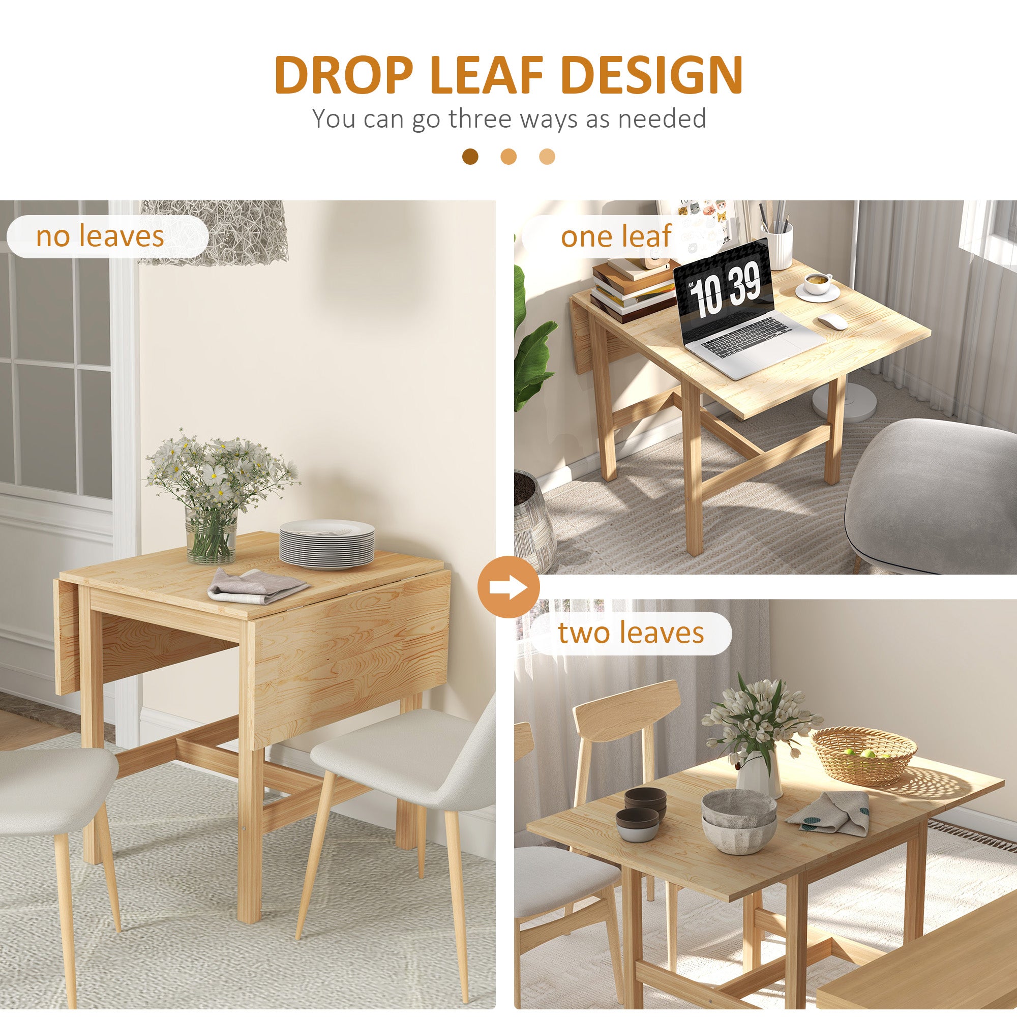 HOMCOM Foldable Solid Wood Dining Table, Drop Leaf Table for Small Spaces, Folding Table for Kitchen, Dining Room, Natural