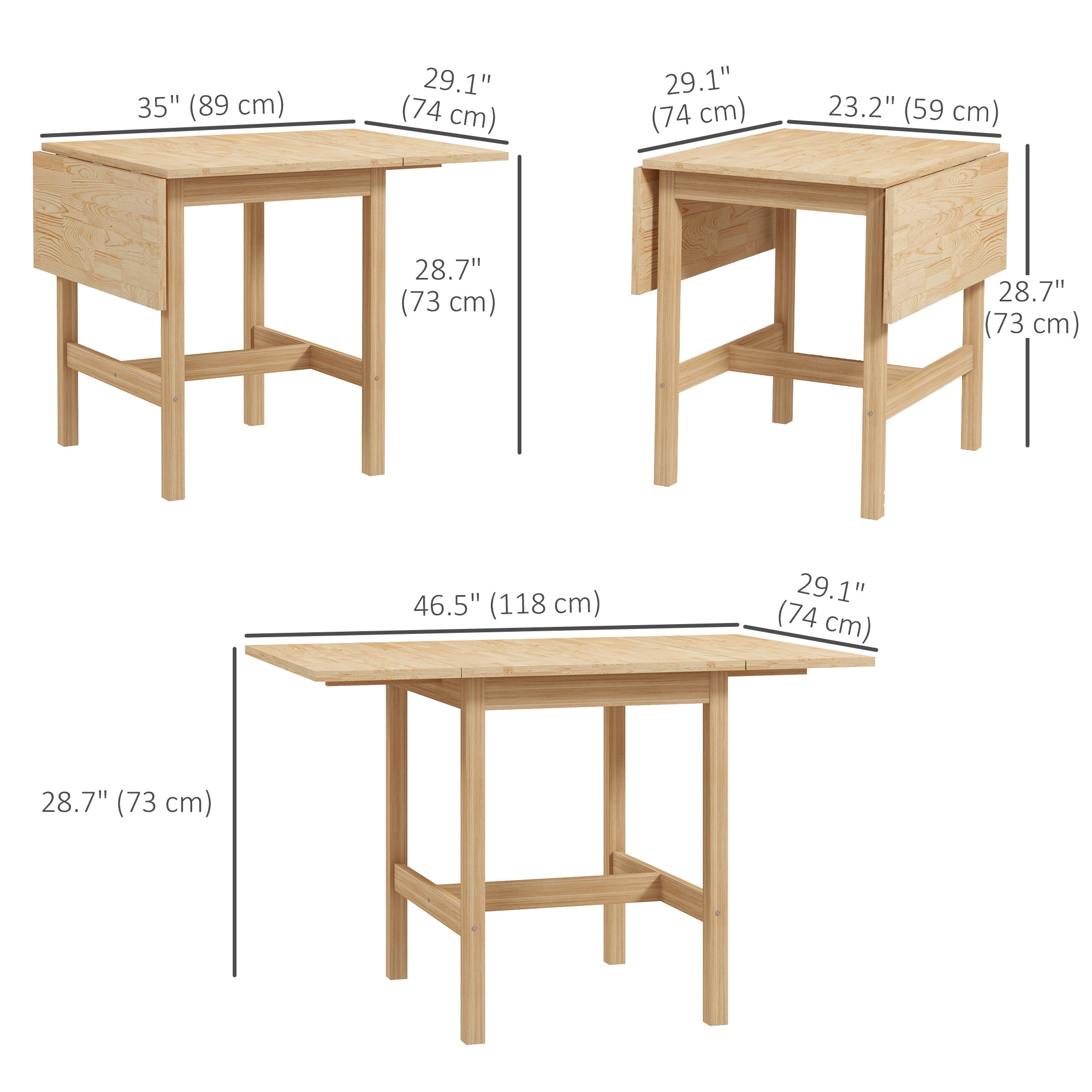 HOMCOM Foldable Solid Wood Dining Table, Drop Leaf Table for Small Spaces, Folding Table for Kitchen, Dining Room, Natural