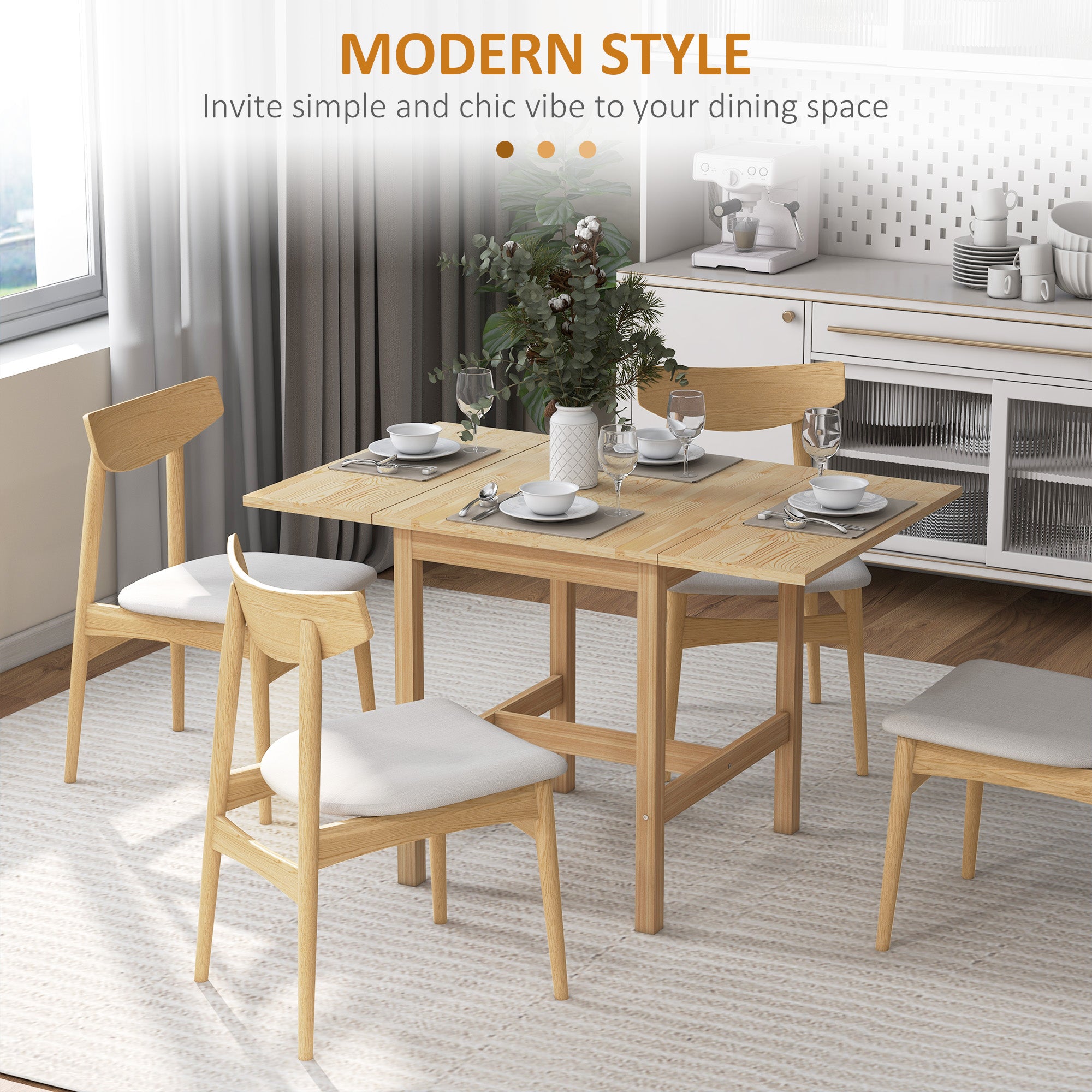 HOMCOM Foldable Solid Wood Dining Table, Drop Leaf Table for Small Spaces, Folding Table for Kitchen, Dining Room, Natural