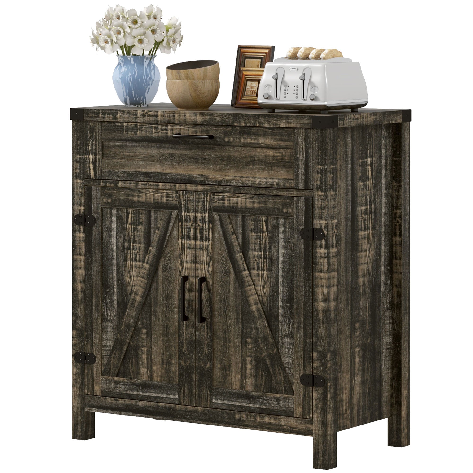 HOMCOM Sideboard Buffet Cabinet, Farmhouse Kitchen Storage Cabinet with Rustic Barn Door and Drawer, Dark Oak