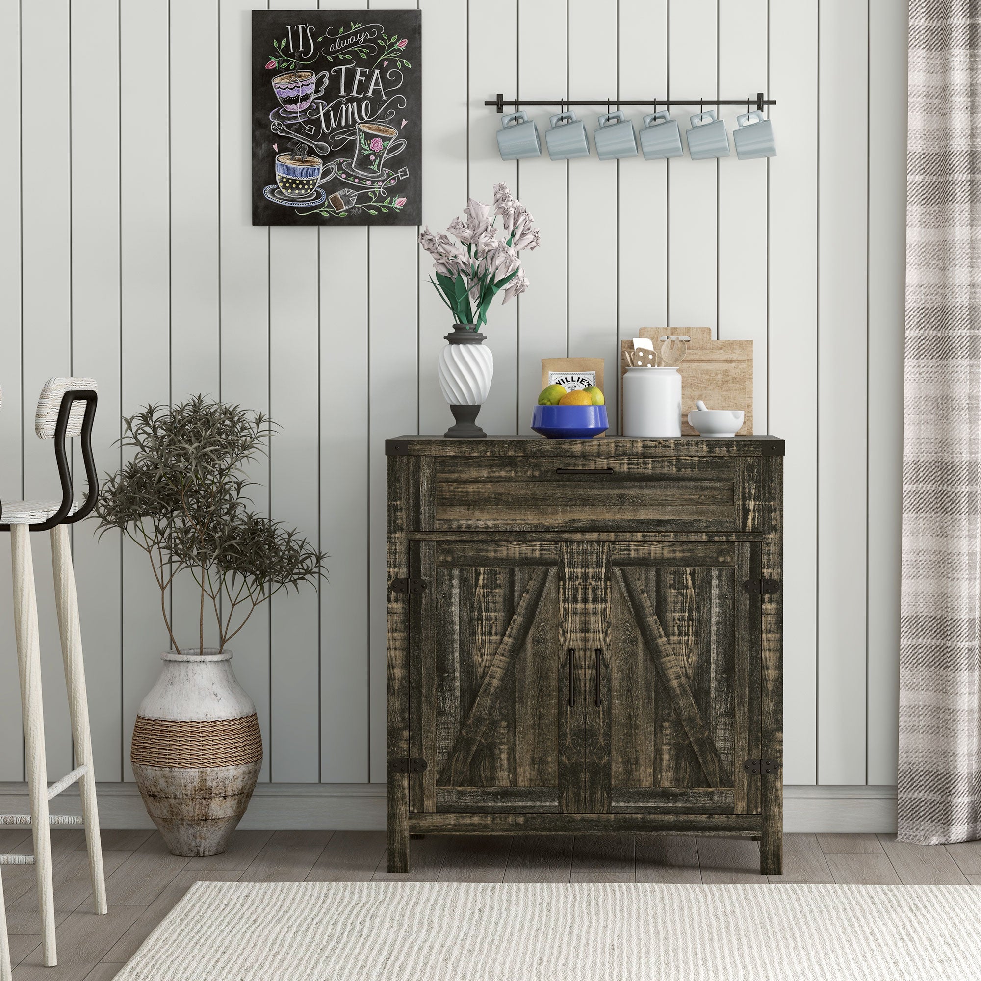 HOMCOM Sideboard Buffet Cabinet, Farmhouse Kitchen Storage Cabinet with Rustic Barn Door and Drawer, Dark Oak