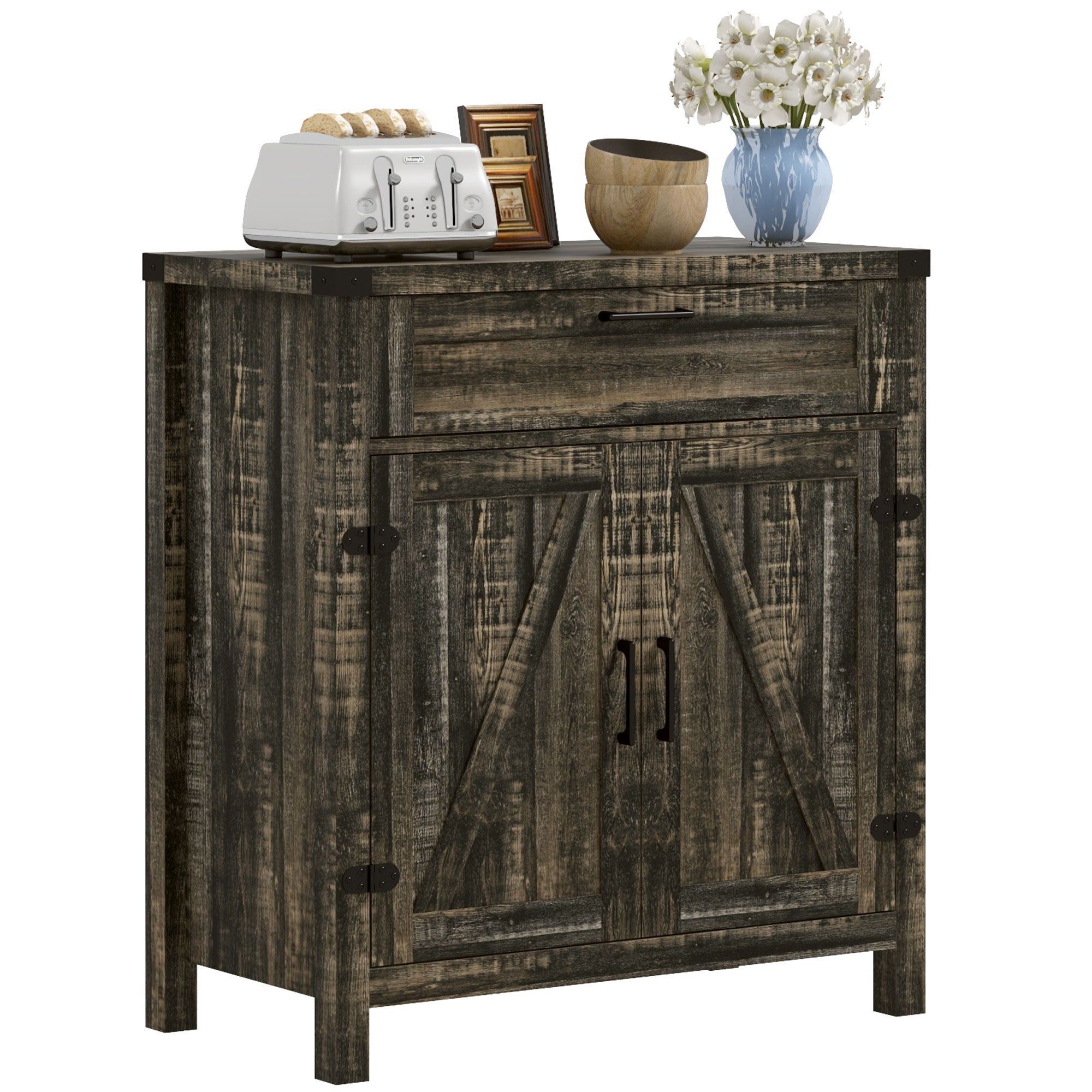 HOMCOM Sideboard Buffet Cabinet, Farmhouse Kitchen Storage Cabinet with Rustic Barn Door and Drawer, Dark Oak