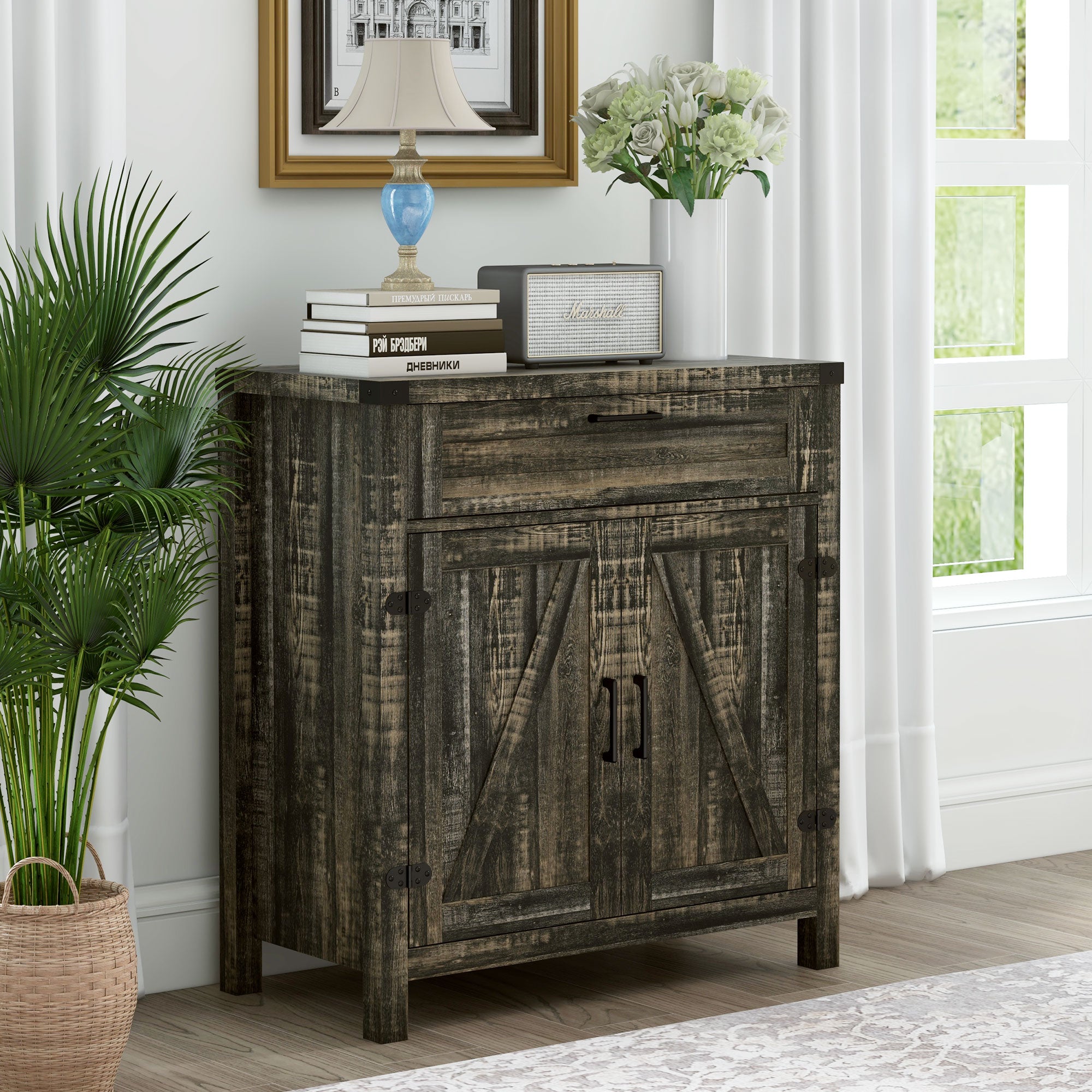 HOMCOM Sideboard Buffet Cabinet, Farmhouse Kitchen Storage Cabinet with Rustic Barn Door and Drawer, Dark Oak