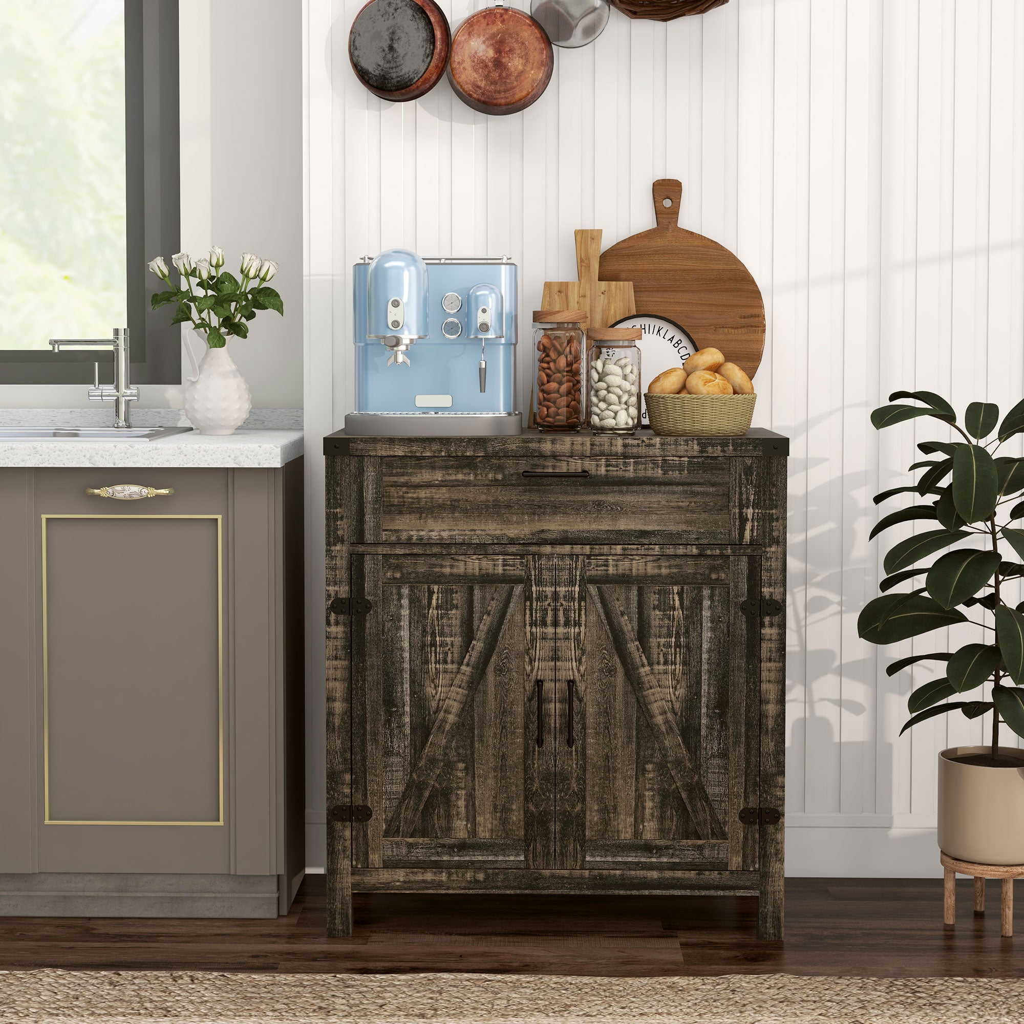 HOMCOM Sideboard Buffet Cabinet, Farmhouse Kitchen Storage Cabinet with Rustic Barn Door and Drawer, Dark Oak