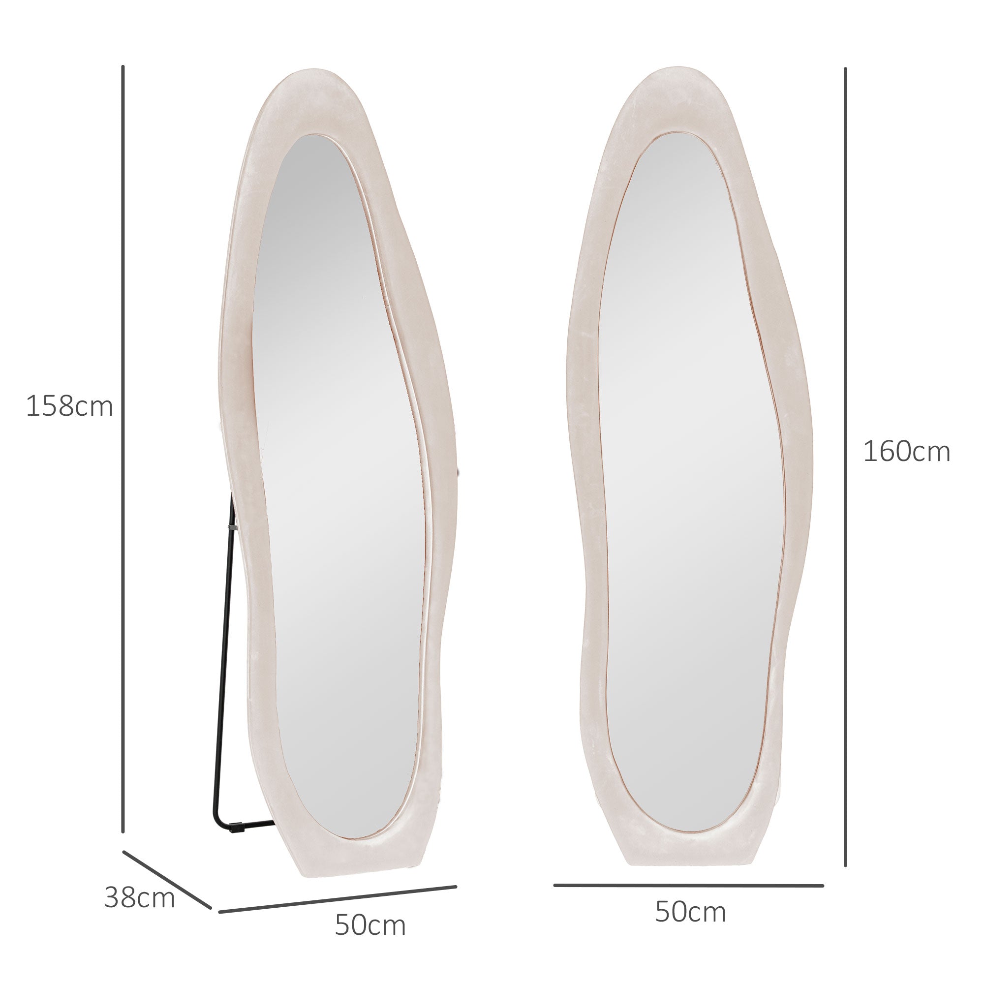 HOMCOM Irregular Wavy Mirror Full Length 160x50cm, Arched Floor Standing Mirror, Leaning or Wall Mounted, Velvet Wrapped Floor Mirror for Bedroom, Living Room, Light Pink