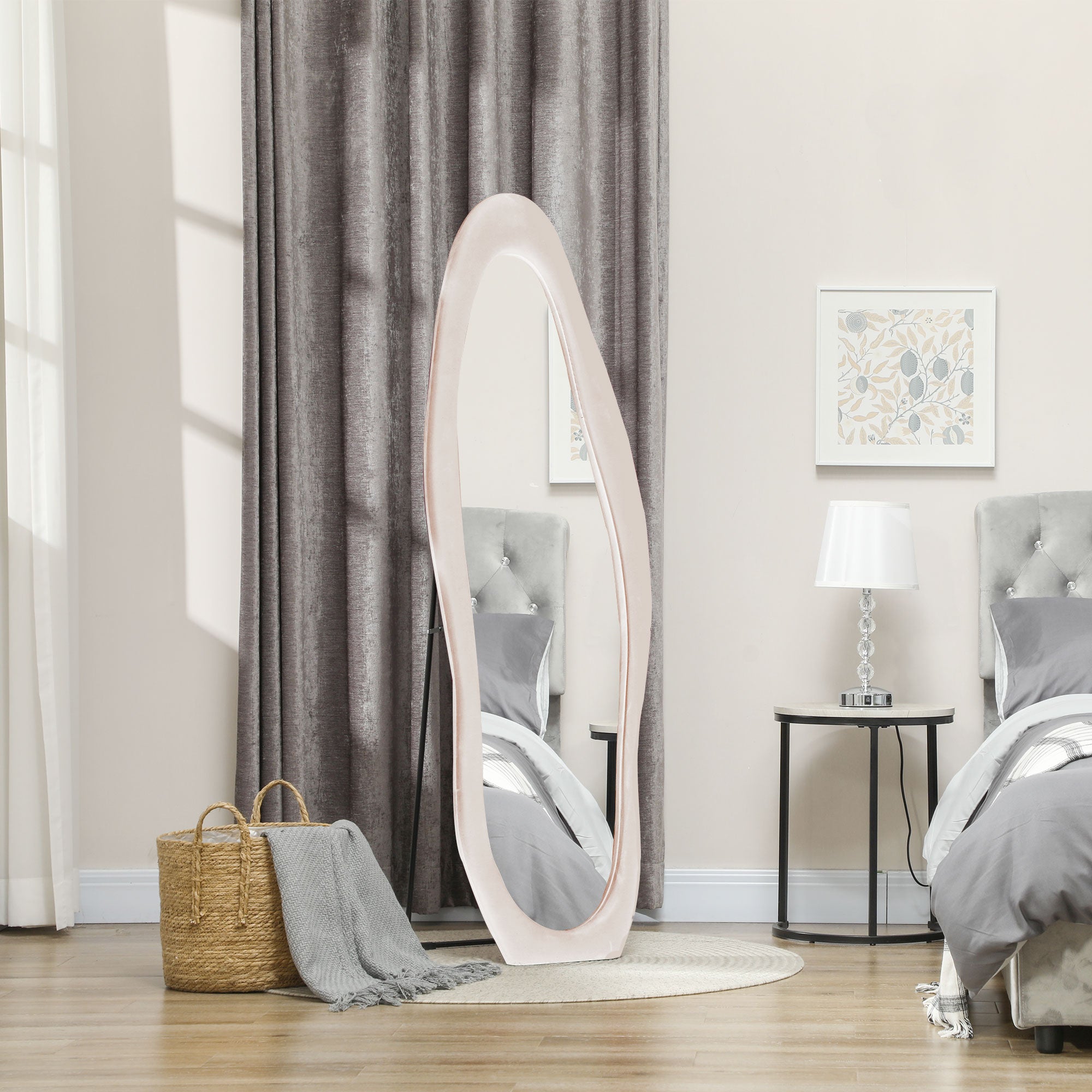 HOMCOM Irregular Wavy Mirror Full Length 160x50cm, Arched Floor Standing Mirror, Leaning or Wall Mounted, Velvet Wrapped Floor Mirror for Bedroom, Living Room, Light Pink