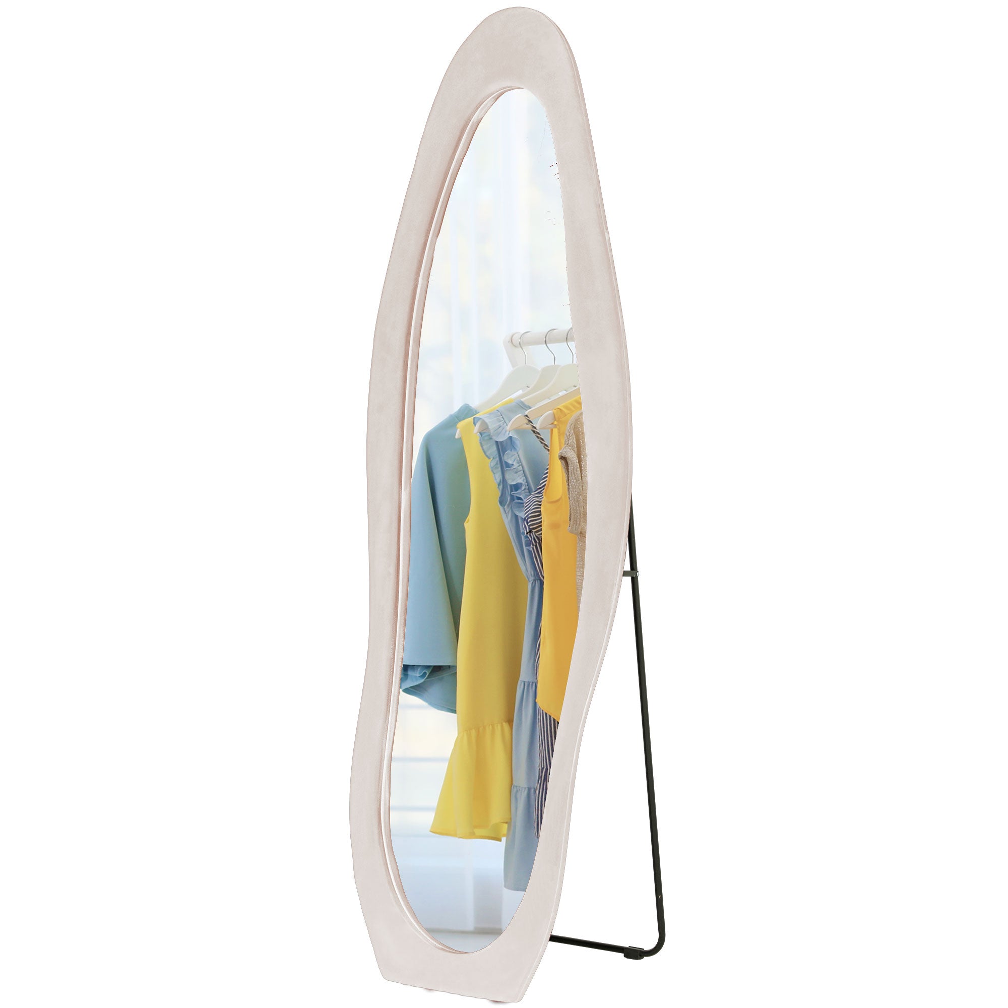 HOMCOM Irregular Wavy Mirror Full Length 160x50cm, Arched Floor Standing Mirror, Leaning or Wall Mounted, Velvet Wrapped Floor Mirror for Bedroom, Living Room, Light Pink