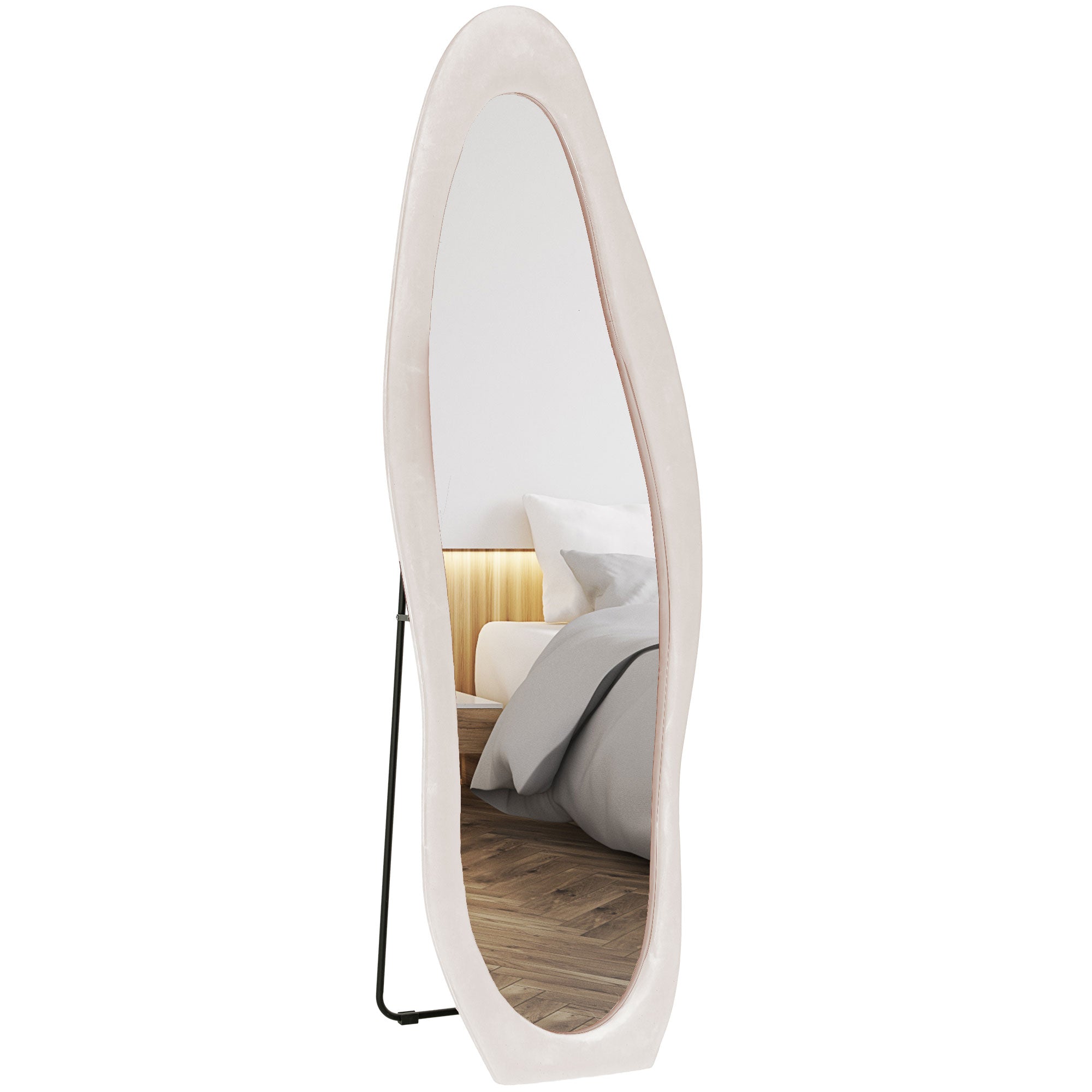 HOMCOM Irregular Wavy Mirror Full Length 160x50cm, Arched Floor Standing Mirror, Leaning or Wall Mounted, Velvet Wrapped Floor Mirror for Bedroom, Living Room, Light Pink
