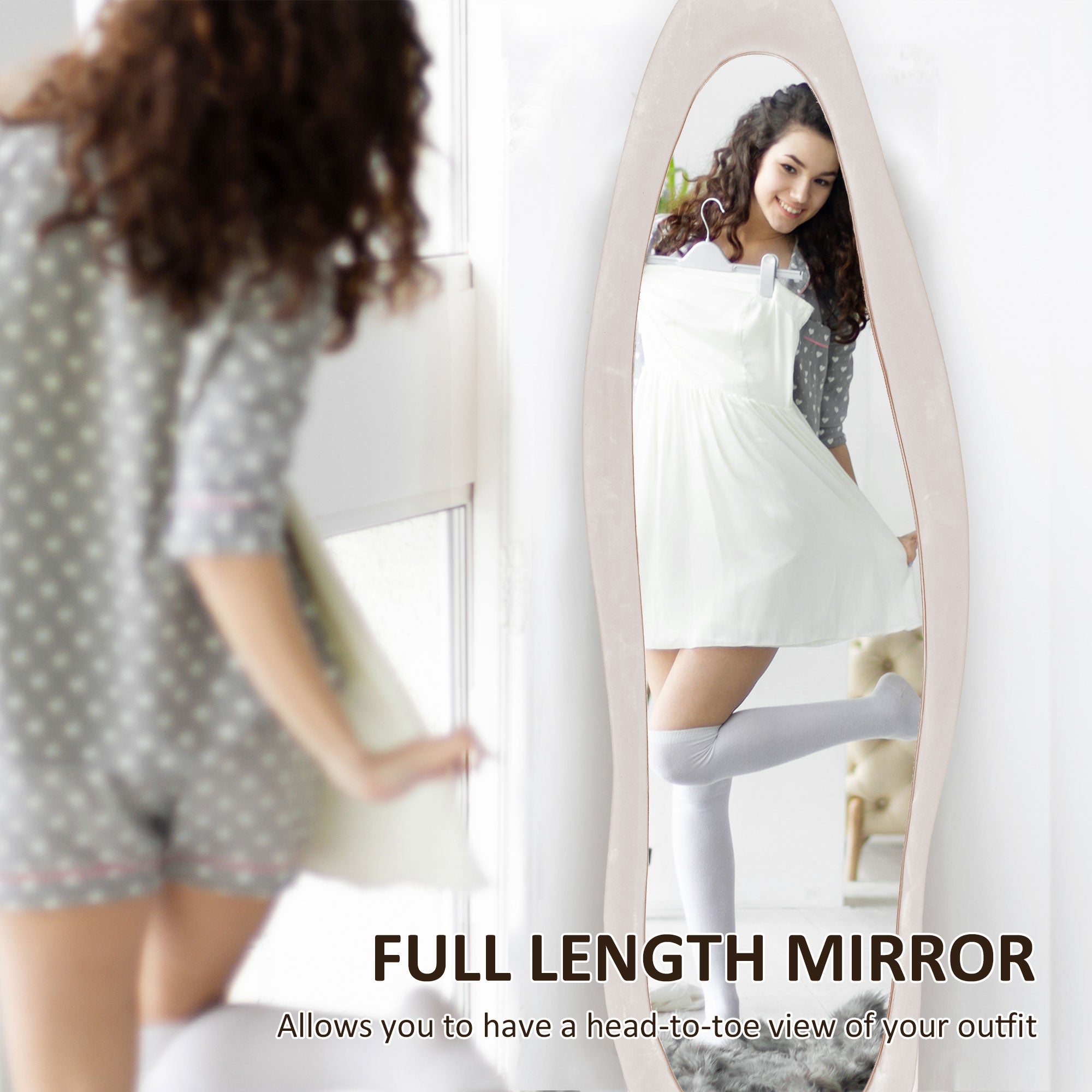 HOMCOM Irregular Wavy Mirror Full Length 160x50cm, Arched Floor Standing Mirror, Leaning or Wall Mounted, Velvet Wrapped Floor Mirror for Bedroom, Living Room, Light Pink