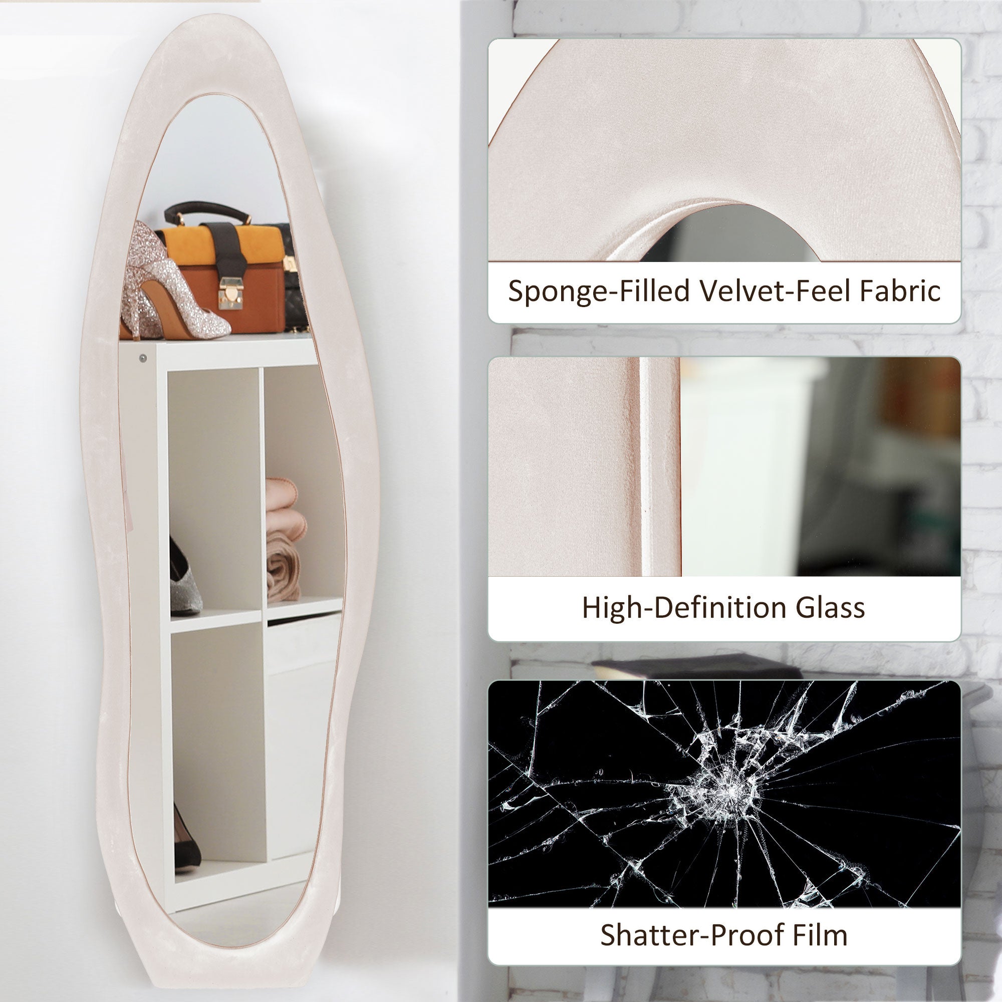 HOMCOM Irregular Wavy Mirror Full Length 160x50cm, Arched Floor Standing Mirror, Leaning or Wall Mounted, Velvet Wrapped Floor Mirror for Bedroom, Living Room, Light Pink