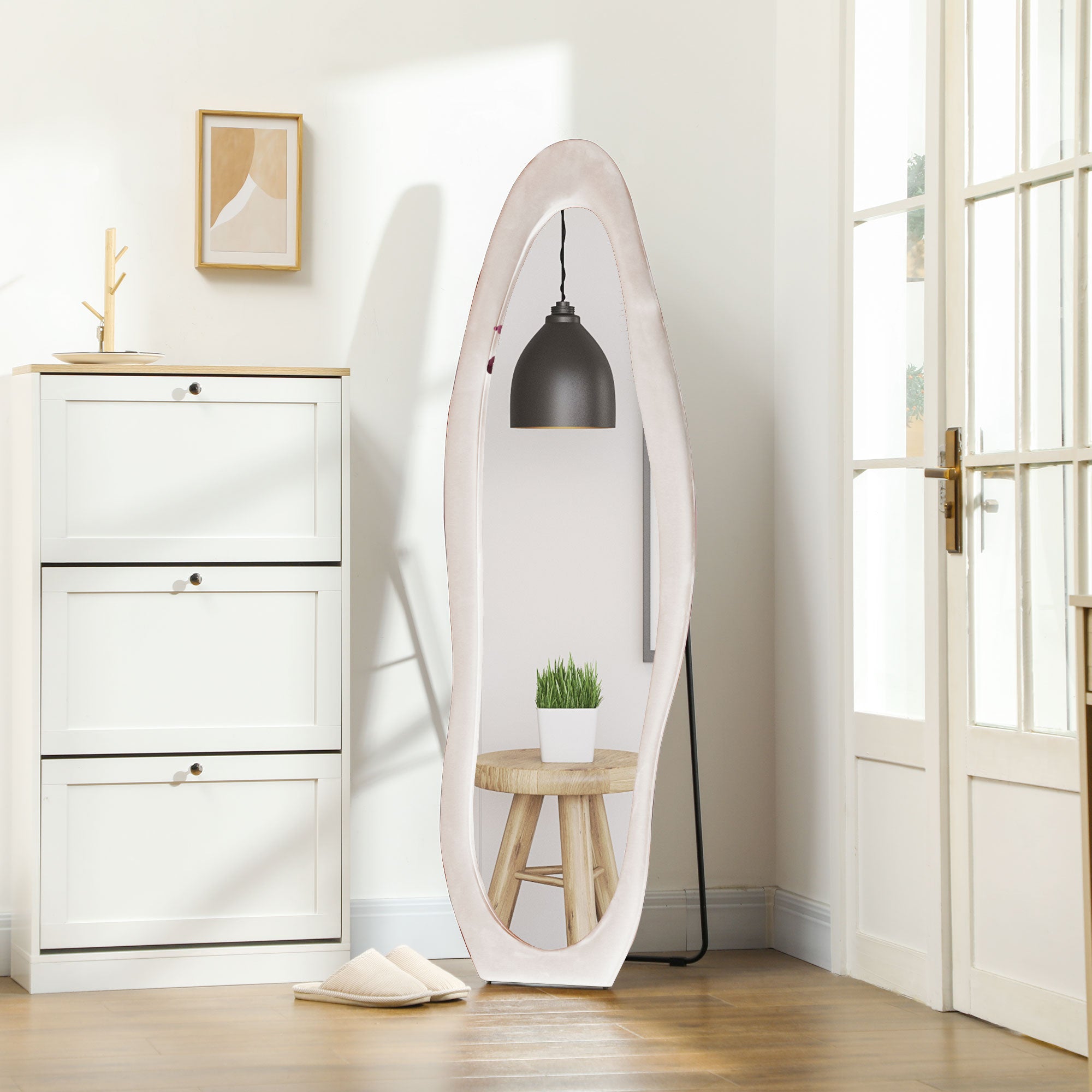 HOMCOM Irregular Wavy Mirror Full Length 160x50cm, Arched Floor Standing Mirror, Leaning or Wall Mounted, Velvet Wrapped Floor Mirror for Bedroom, Living Room, Light Pink