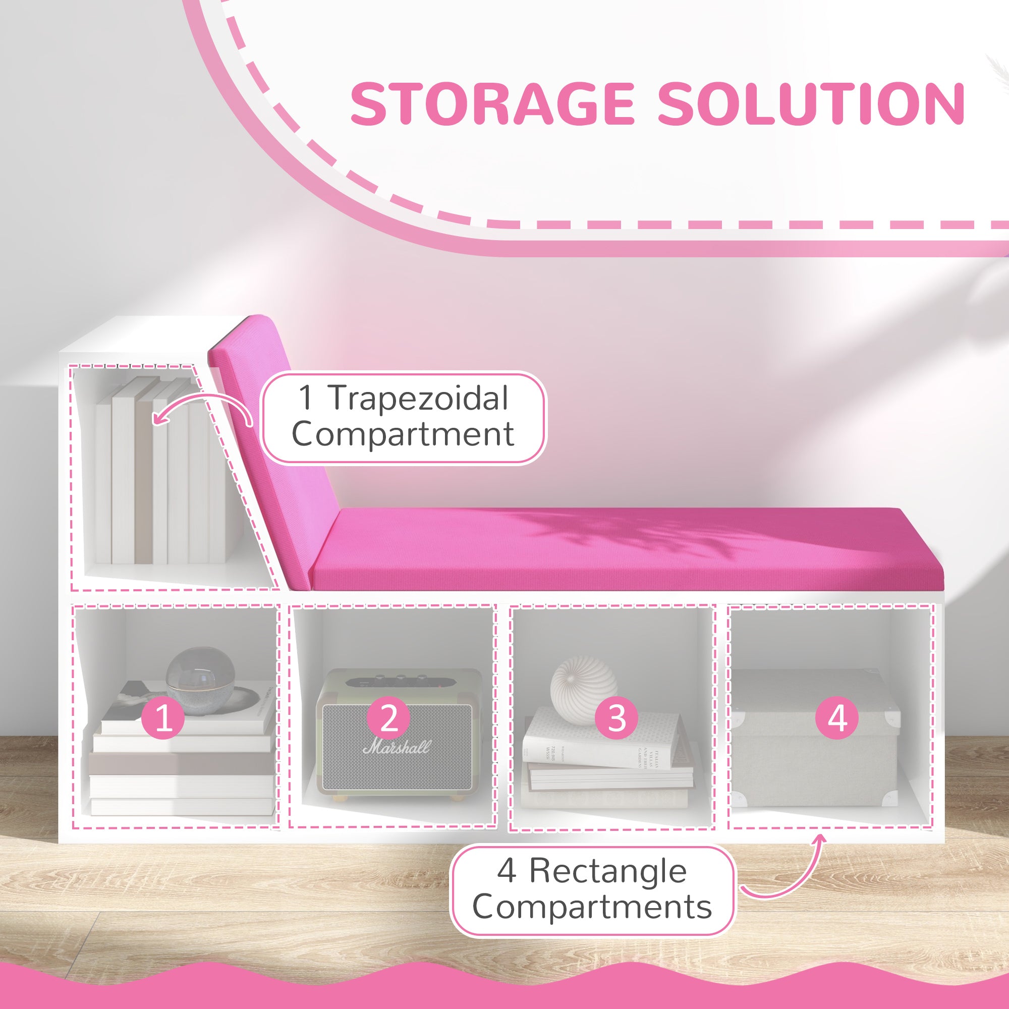 HOMCOM Bookshelf with Reading Nook, Bookcase with Seat Cushion, 5 Cube Storage Shelf for Home Office, Study, Pink
