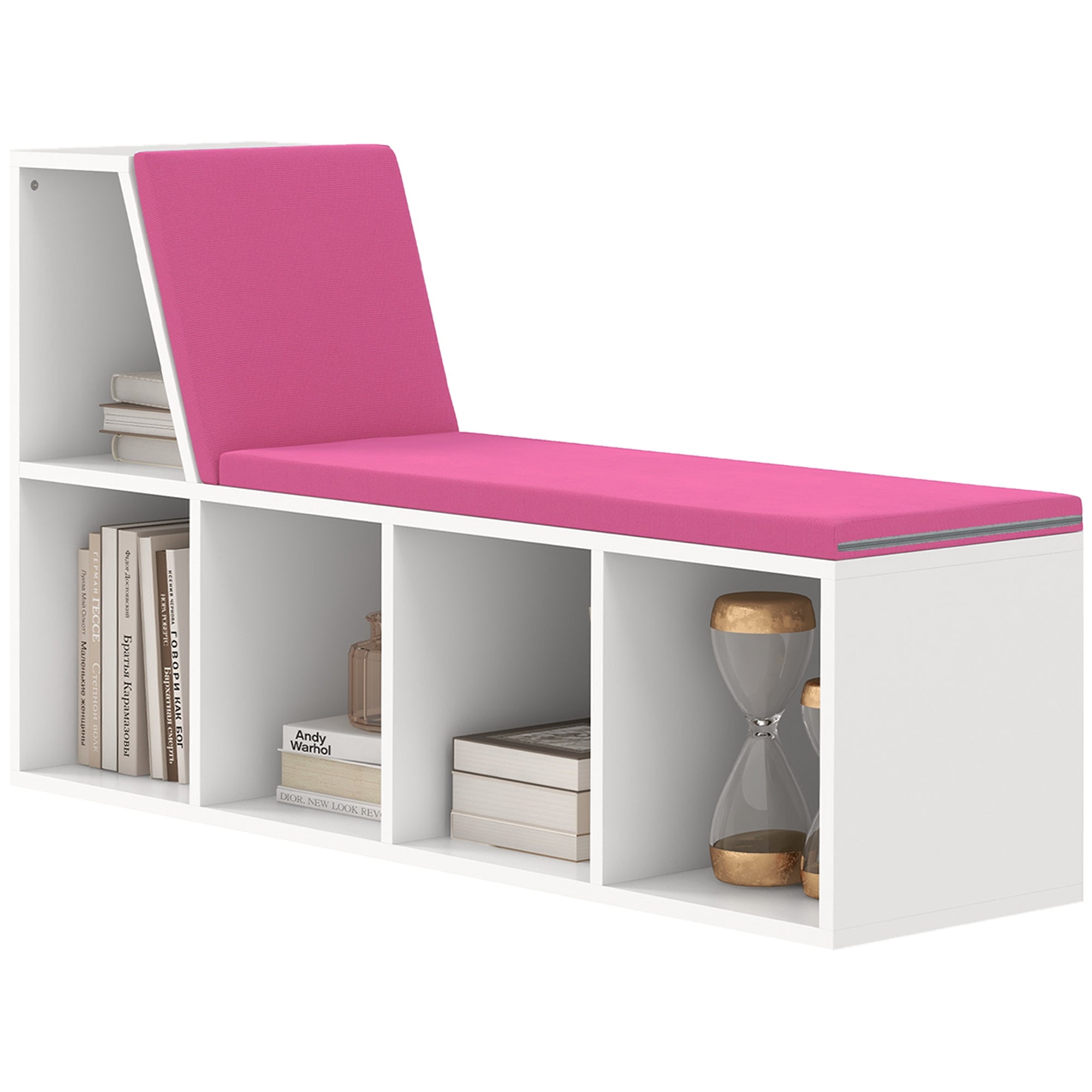 HOMCOM Bookshelf with Reading Nook, Bookcase with Seat Cushion, 5 Cube Storage Shelf for Home Office, Study, Pink