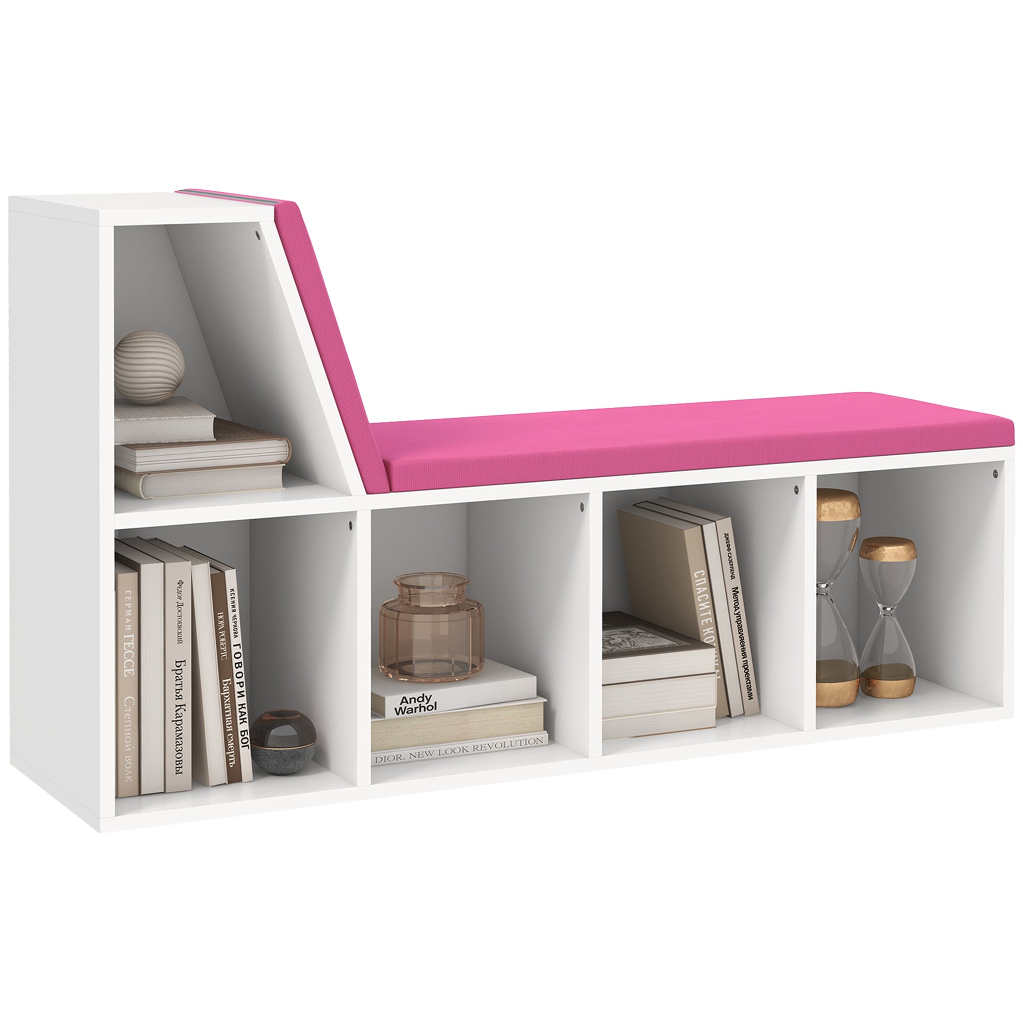 HOMCOM Bookshelf with Reading Nook, Bookcase with Seat Cushion, 5 Cube Storage Shelf for Home Office, Study, Pink