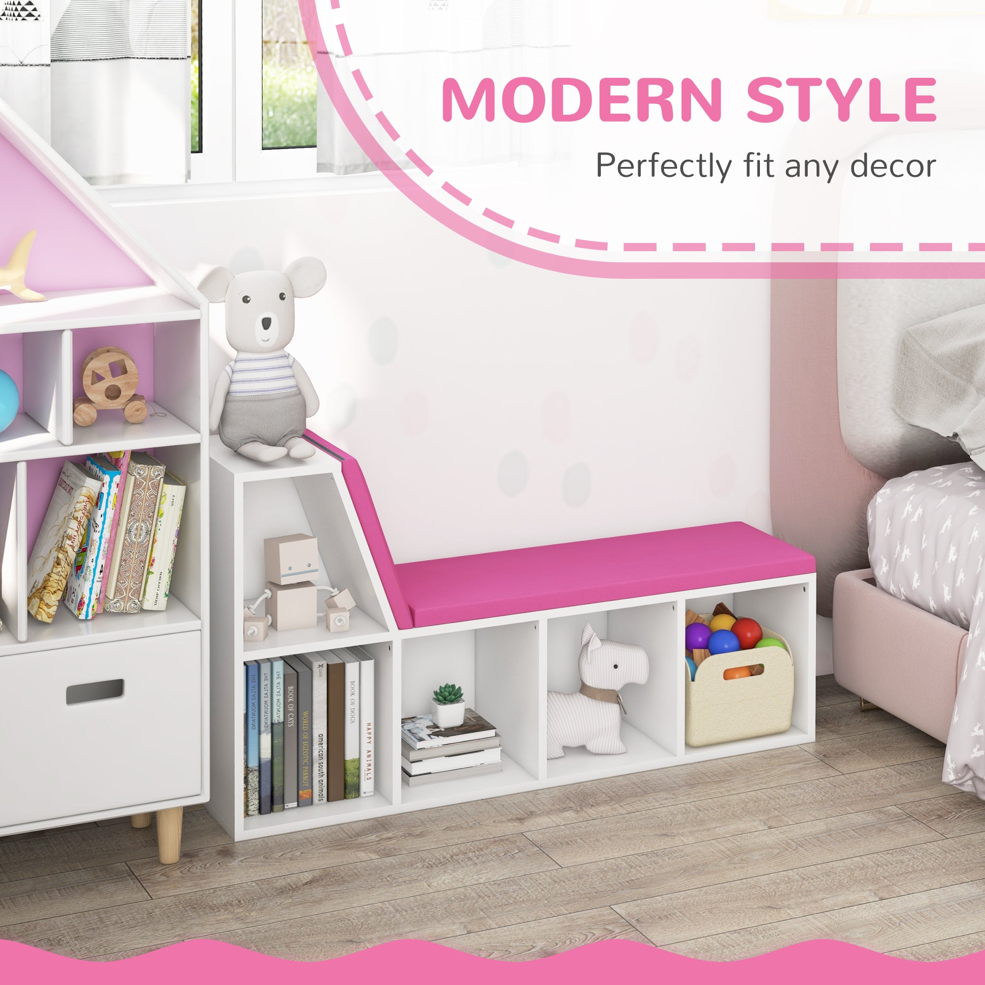 HOMCOM Bookshelf with Reading Nook, Bookcase with Seat Cushion, 5 Cube Storage Shelf for Home Office, Study, Pink
