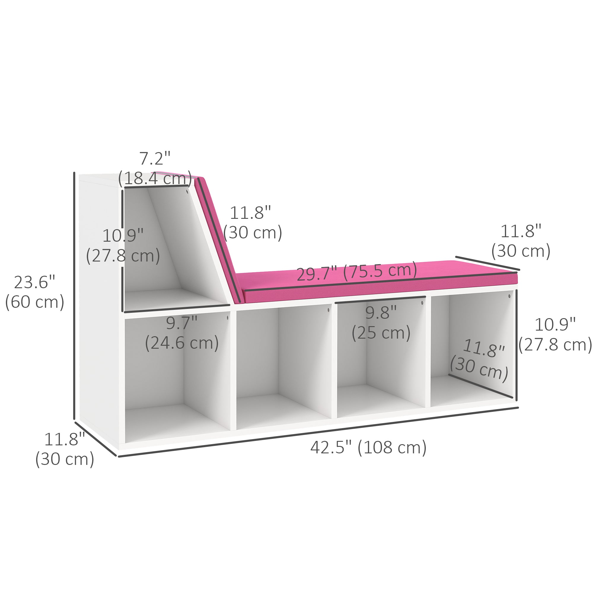 HOMCOM Bookshelf with Reading Nook, Bookcase with Seat Cushion, 5 Cube Storage Shelf for Home Office, Study, Pink