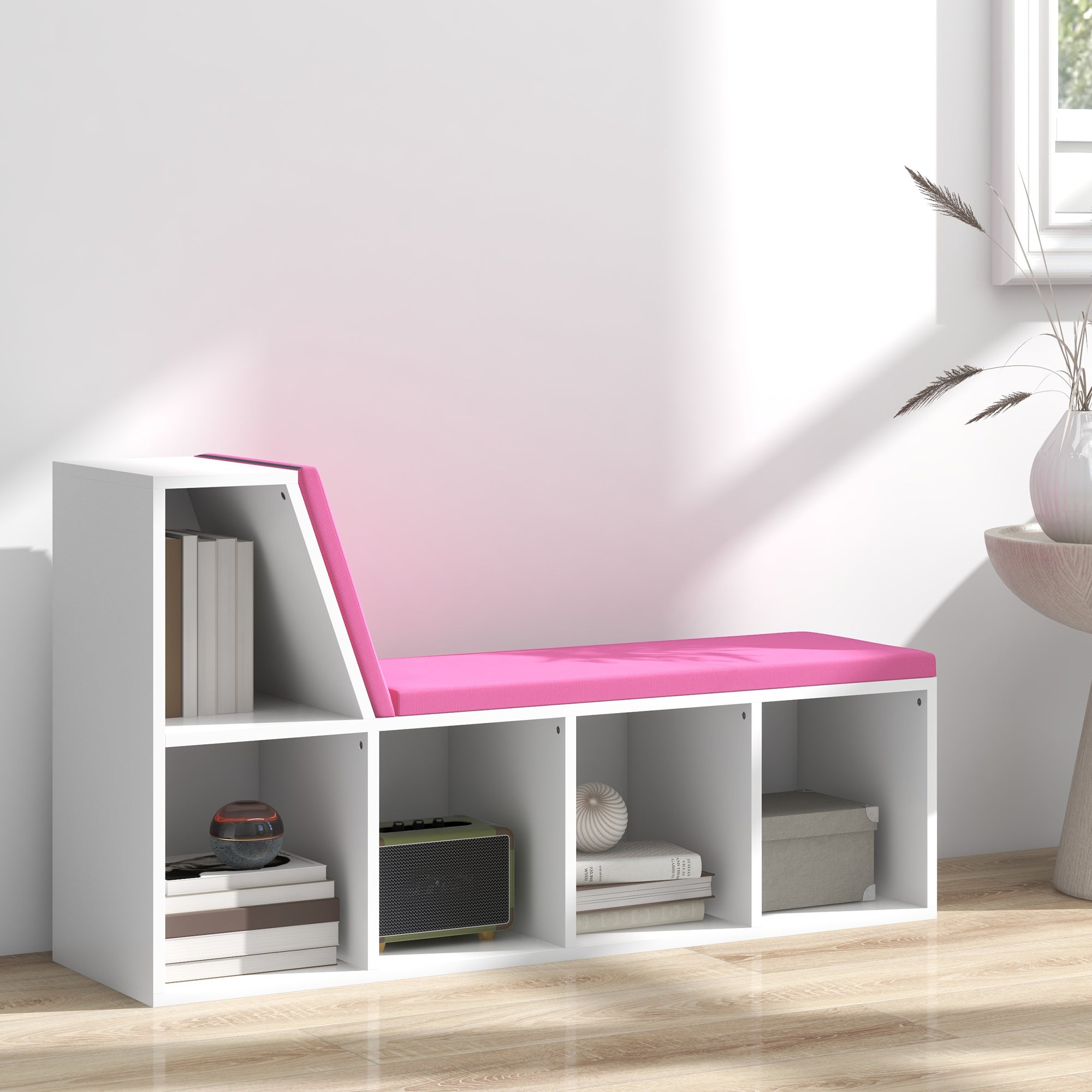 HOMCOM Bookshelf with Reading Nook, Bookcase with Seat Cushion, 5 Cube Storage Shelf for Home Office, Study, Pink