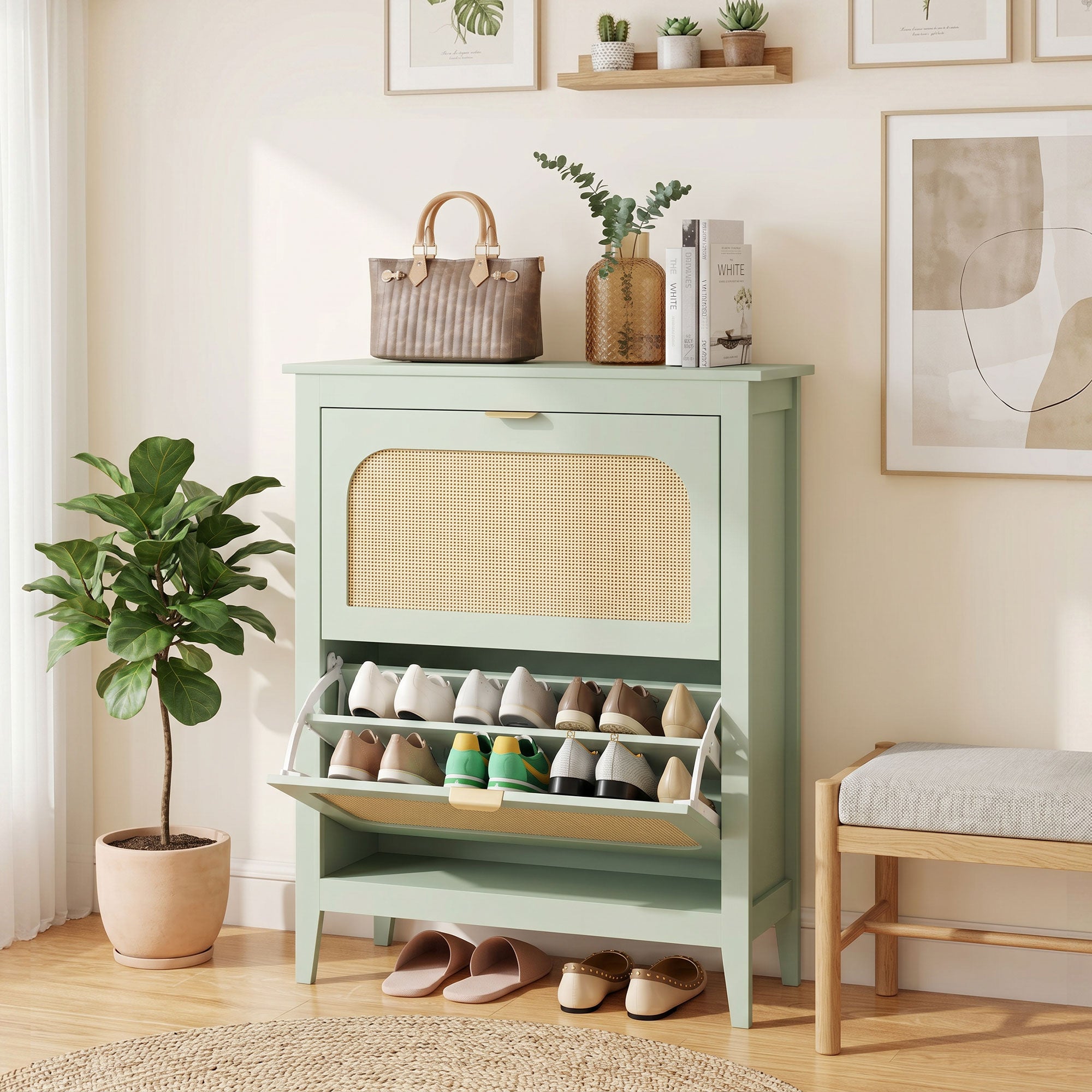 Shoe Storage Cabinet with 2 Flip Drawers, Boho Slim Shoe Cabinet with Rattan Doors for Entryway, Hallway, Holds 14 Pairs, Light Green