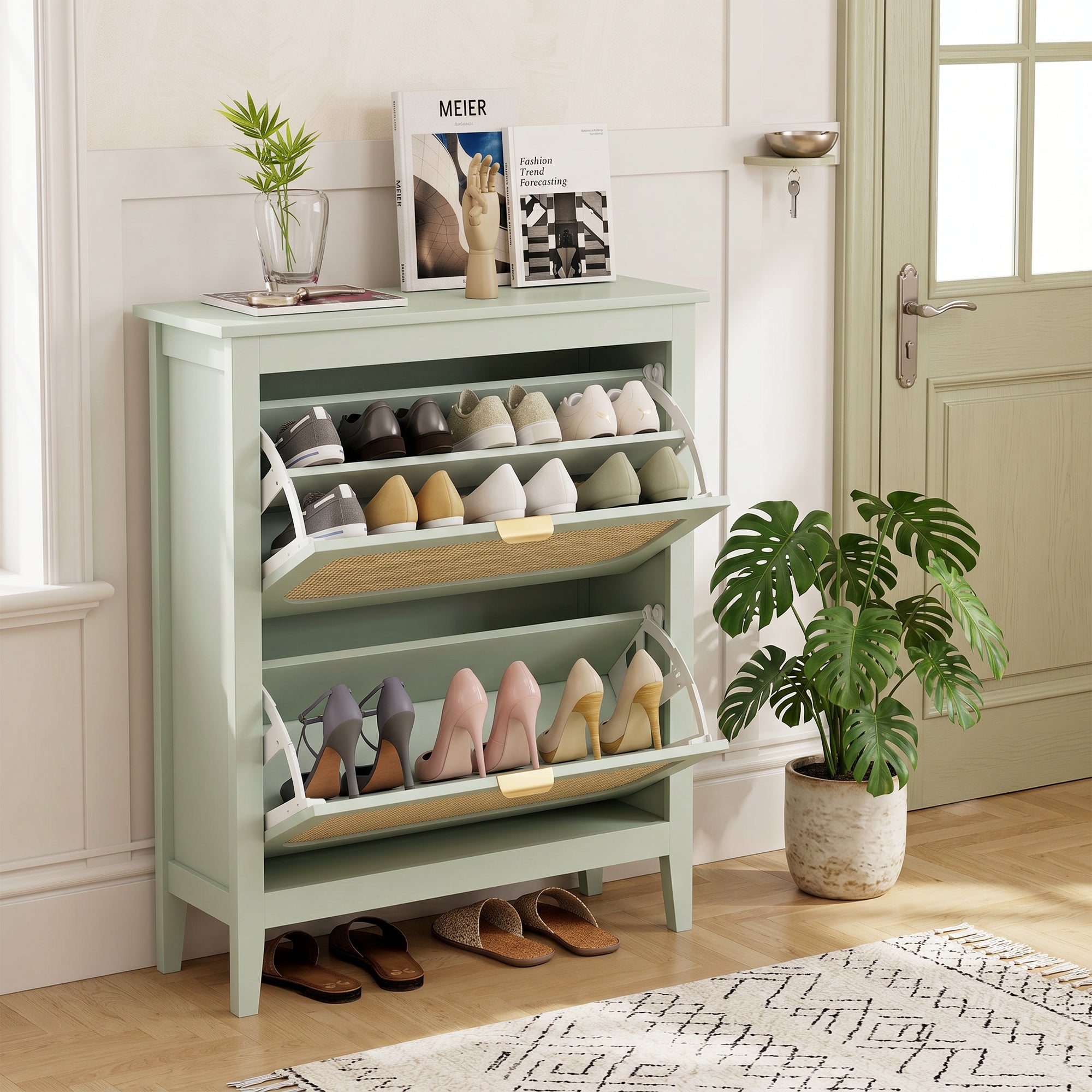 Shoe Storage Cabinet with 2 Flip Drawers, Boho Slim Shoe Cabinet with Rattan Doors for Entryway, Hallway, Holds 14 Pairs, Light Green