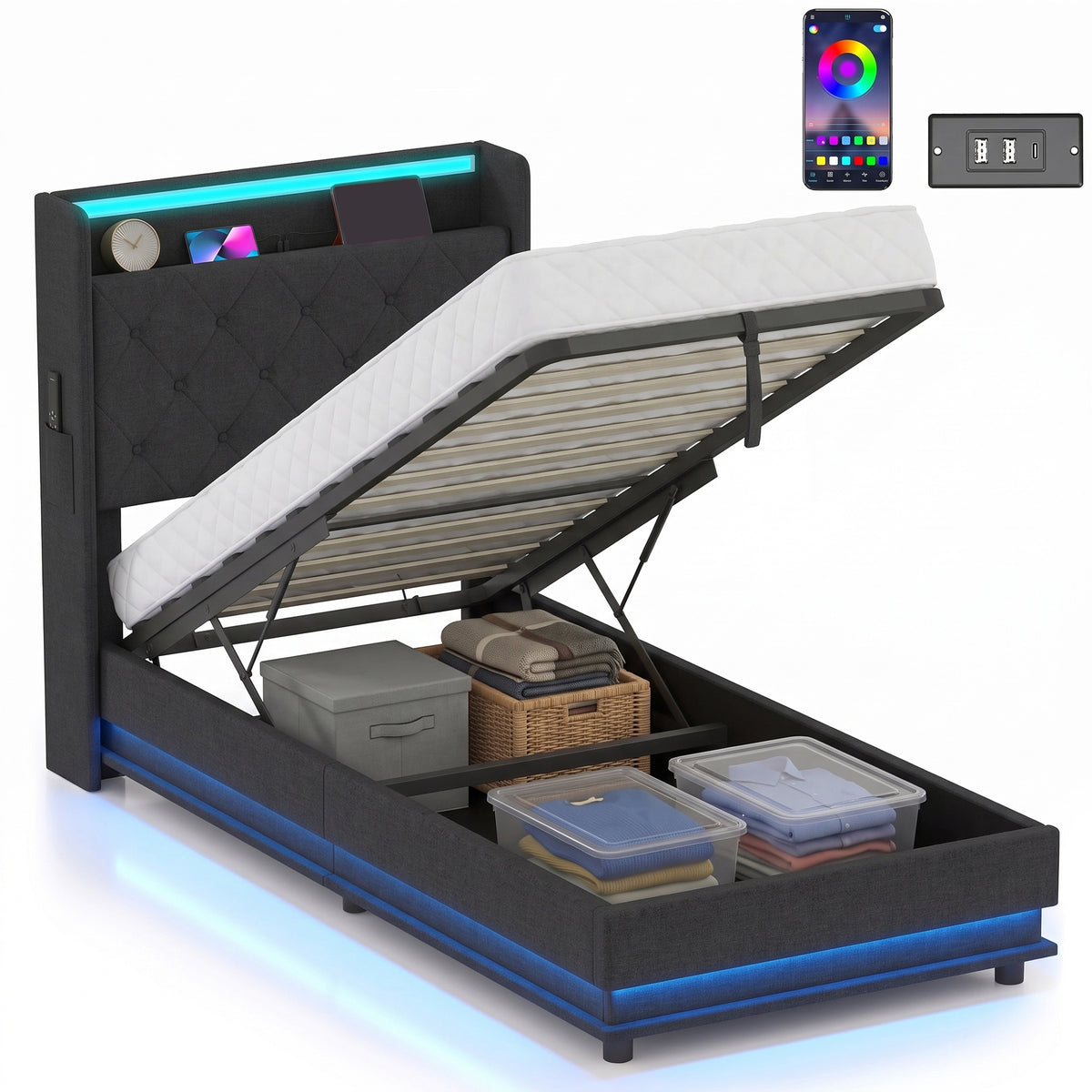 3ft Single Ottoman Bed Frame with Hydraulic Storage, APP Control LED Lights and Charging Station, Upholstered Lift Up Storage Bed Frame with Headboard, No Box Spring Needed, Black