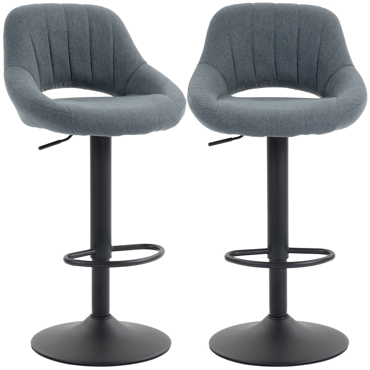 Bar Stools Set of 2, Swivel Counter Height Barstools with Adjustable Height and Cutout Back, Linen Upholstered Bar Chairs with Round Metal Base and Footrest, Dark Grey