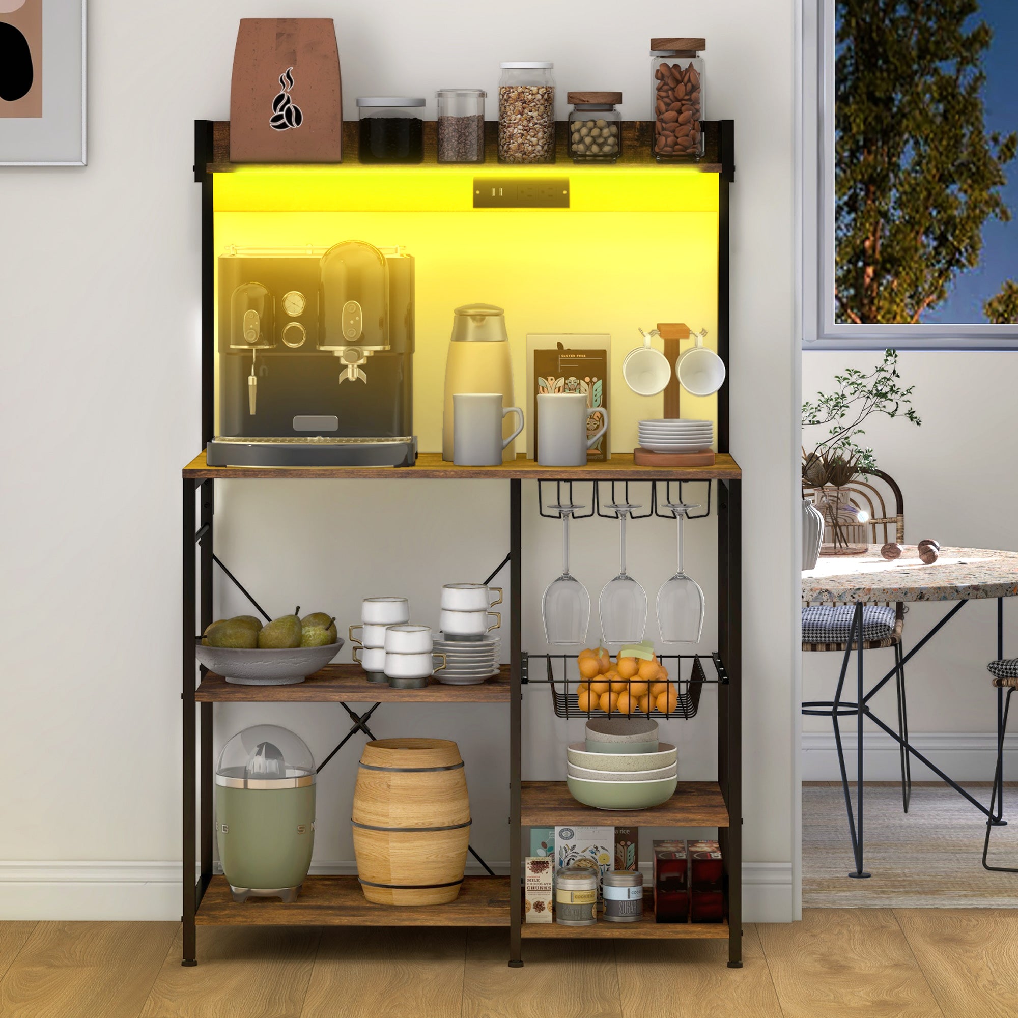 Industrial Kitchen Bakers Rack with Charging Station RGB Lights Glass Holders and Open Shelves Rustic Brown