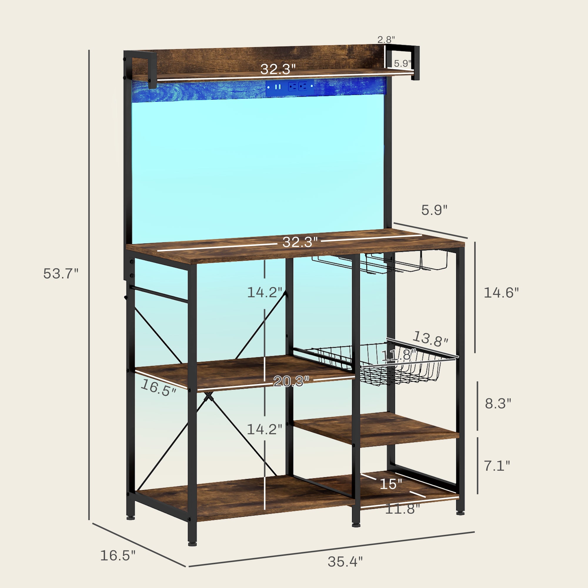 Industrial Kitchen Bakers Rack with Charging Station RGB Lights Glass Holders and Open Shelves Rustic Brown