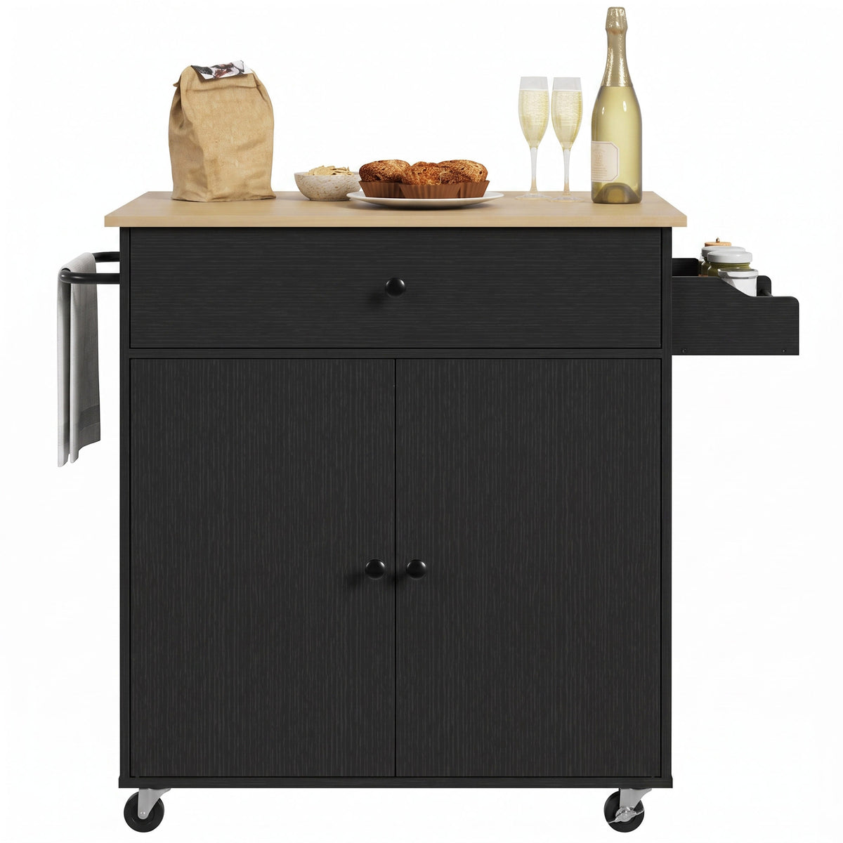 Kitchen Island with Drop Leaf, Rolling Kitchen Storage Trolley on Wheels with Drawer, Spice Rack and Towel Rack, Storage Cart with Adjustable Shelf, Black