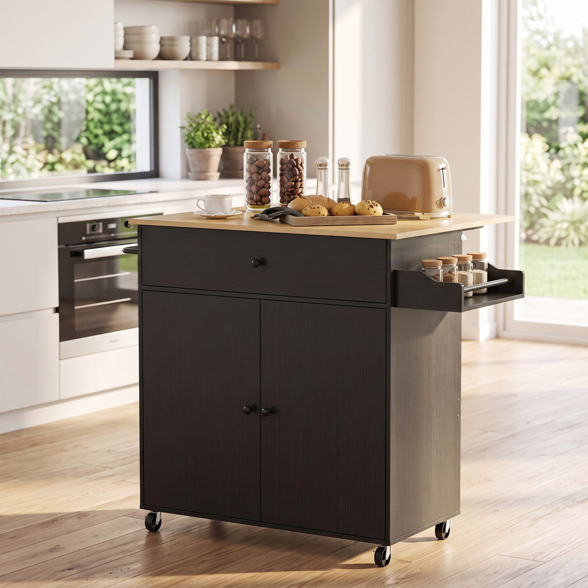 Kitchen Island with Drop Leaf, Rolling Kitchen Storage Trolley on Wheels with Drawer, Spice Rack and Towel Rack, Storage Cart with Adjustable Shelf, Black