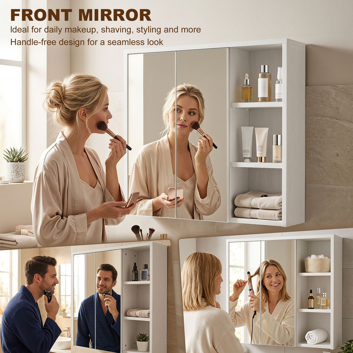 Bathroom Medicine Cabinet with Mirror, Wall Mount Mirror Cabinet with Open Shelves, 2 Soft-Close Doors, Bathroom Storage Organizer, White Wood Grain