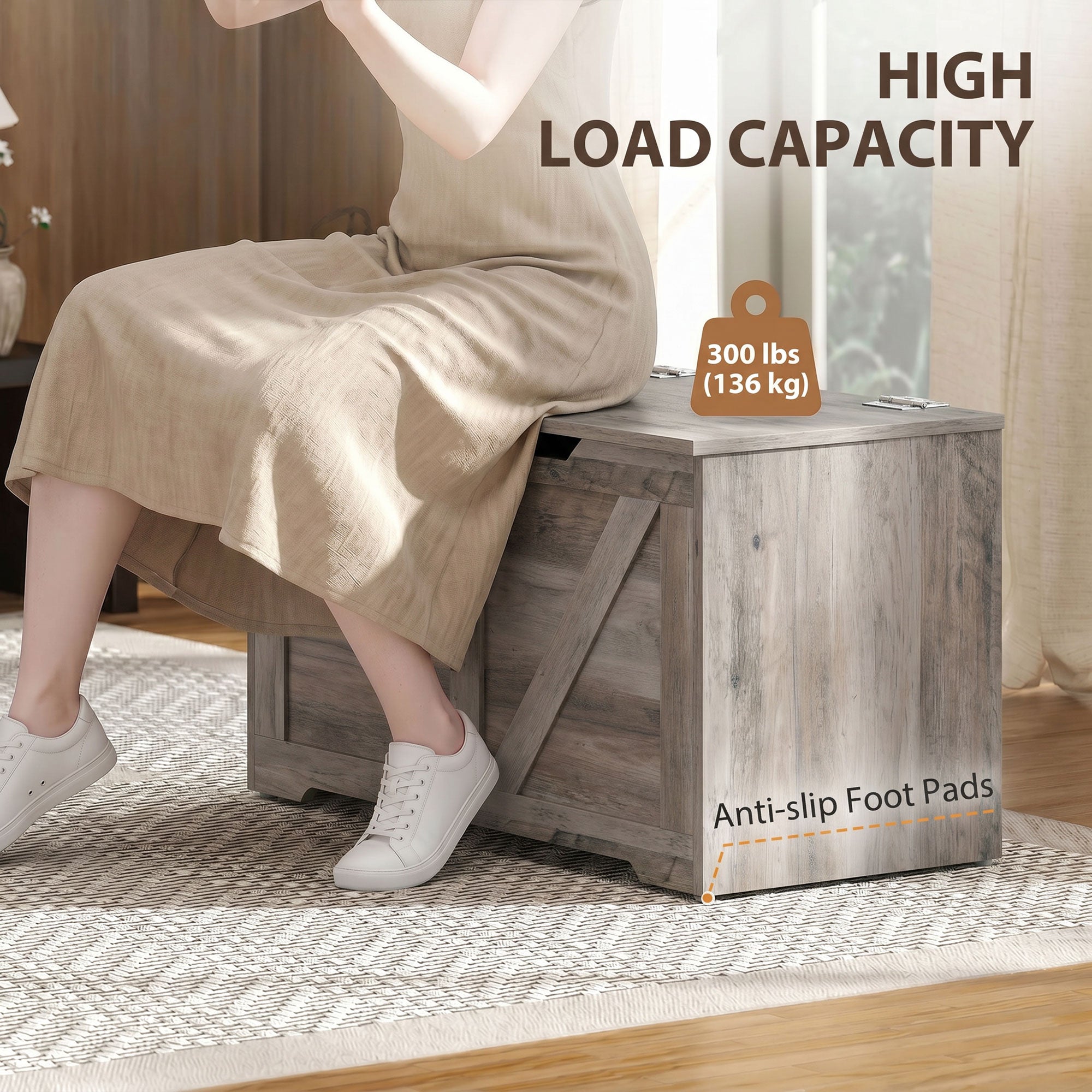 100L Storage Chest, Shoe Storage Trunk Bench Box with Safety Hinge and U-shaped Cut-out Pull, Blanket Box Ottoman for Bedroom, Living Room, Entryway, 80 x 40 x 45 cm, Grey Wood-Effect