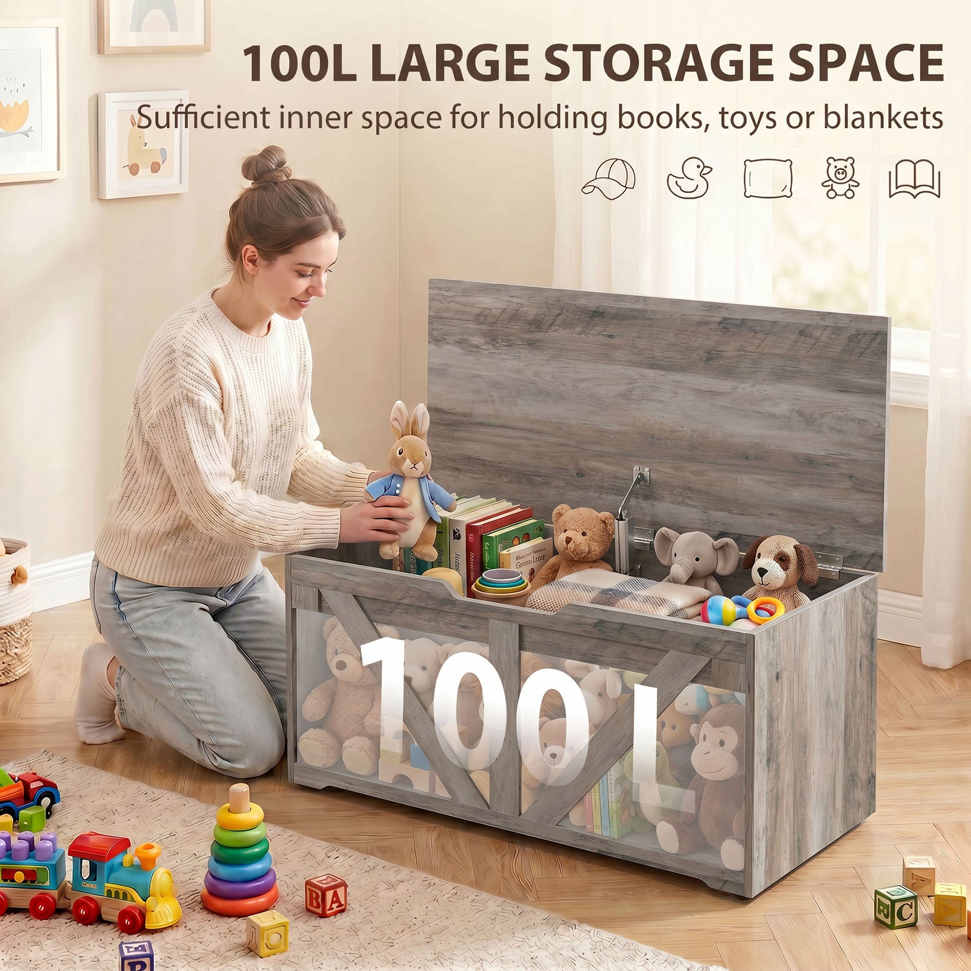 100L Storage Chest, Shoe Storage Trunk Bench Box with Safety Hinge and U-shaped Cut-out Pull, Blanket Box Ottoman for Bedroom, Living Room, Entryway, 80 x 40 x 45 cm, Grey Wood-Effect