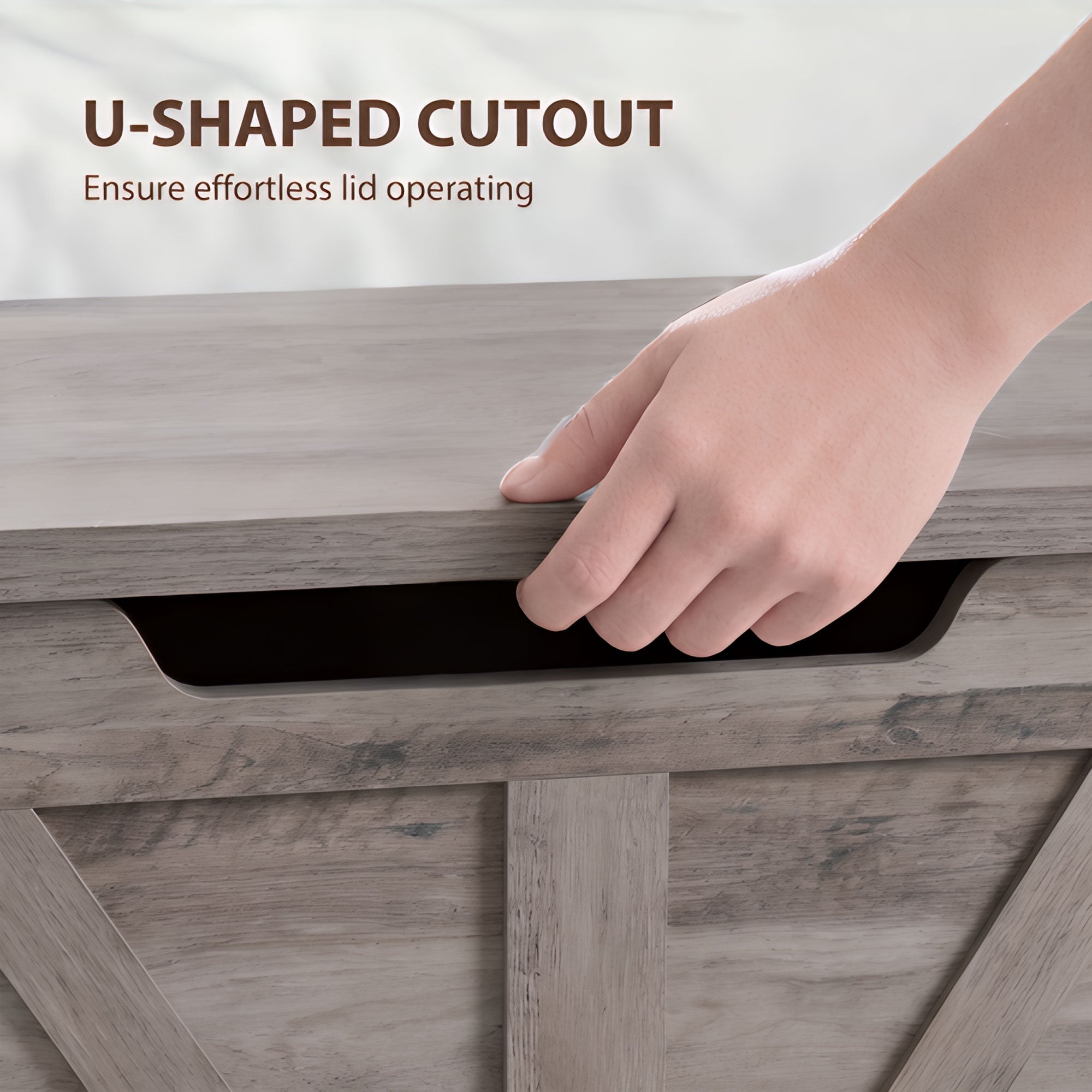 100L Storage Chest, Shoe Storage Trunk Bench Box with Safety Hinge and U-shaped Cut-out Pull, Blanket Box Ottoman for Bedroom, Living Room, Entryway, 80 x 40 x 45 cm, Grey Wood-Effect