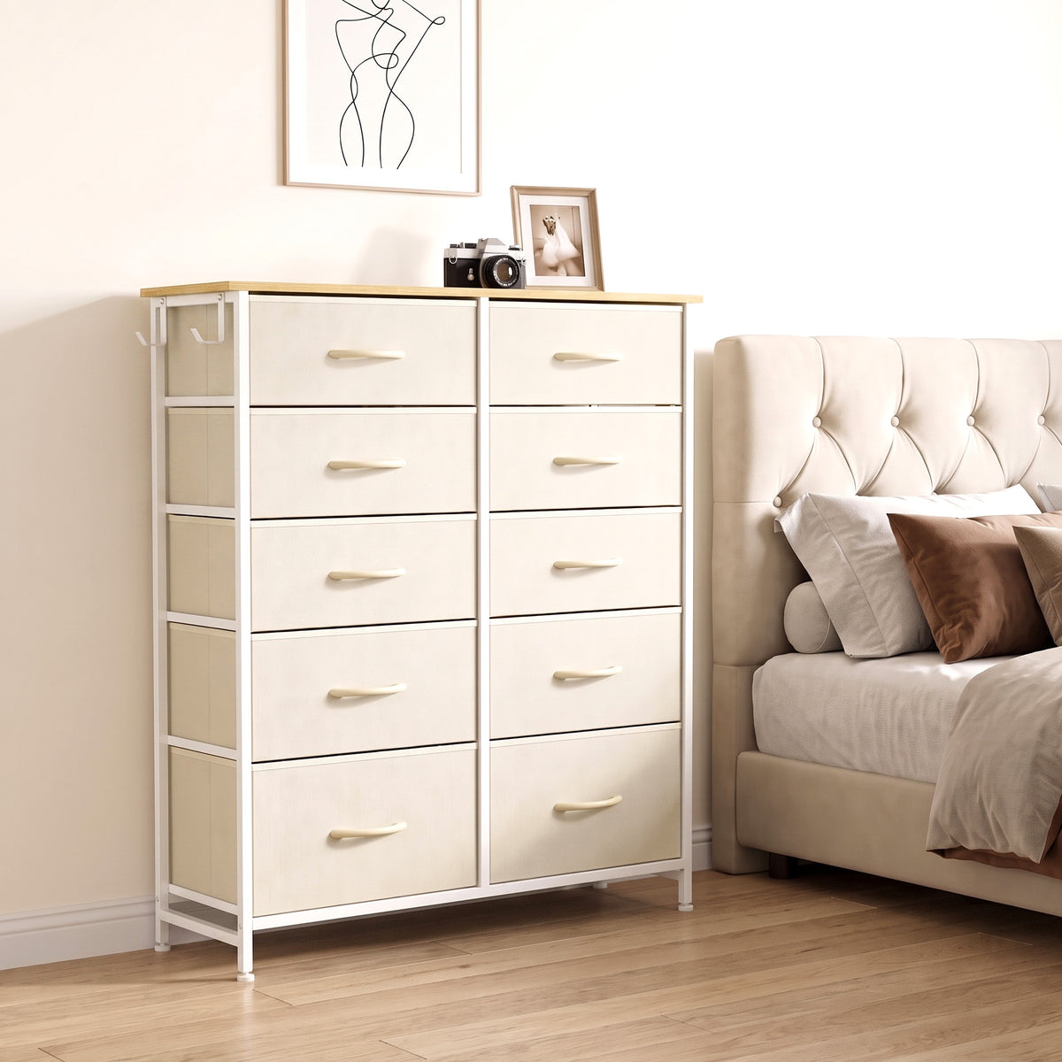 Chest of Drawers, Dresser for Bedroom with 10 Fabric Drawers, Tall Storage Unit with 4 Pockets, 2 Hooks and Steel Frame for Living Room, Hallway, Beige