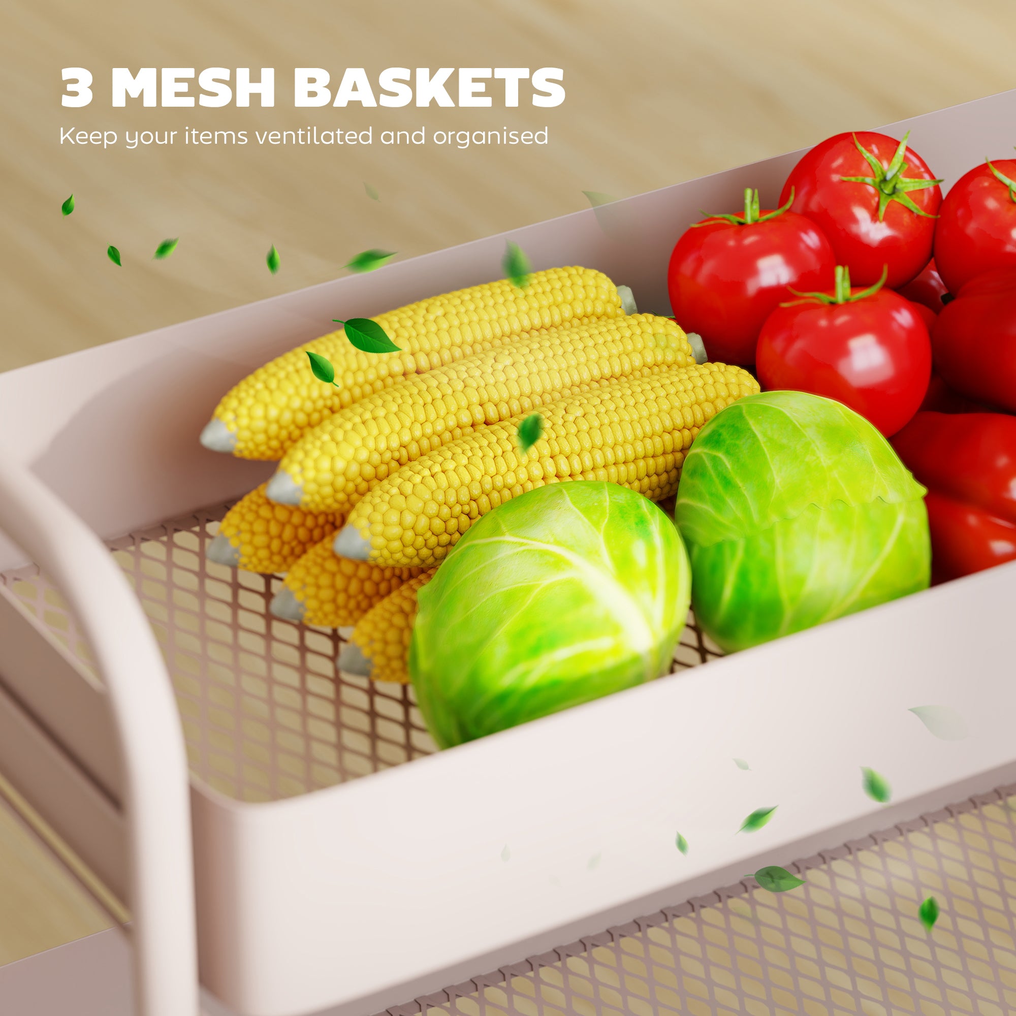 3-Tier Storage Trolley on Wheels, Rolling Utility Cart with Mesh Backets, Mobile Storage Cart for Kitchen, Bathroom, Bedroom, Light Pink