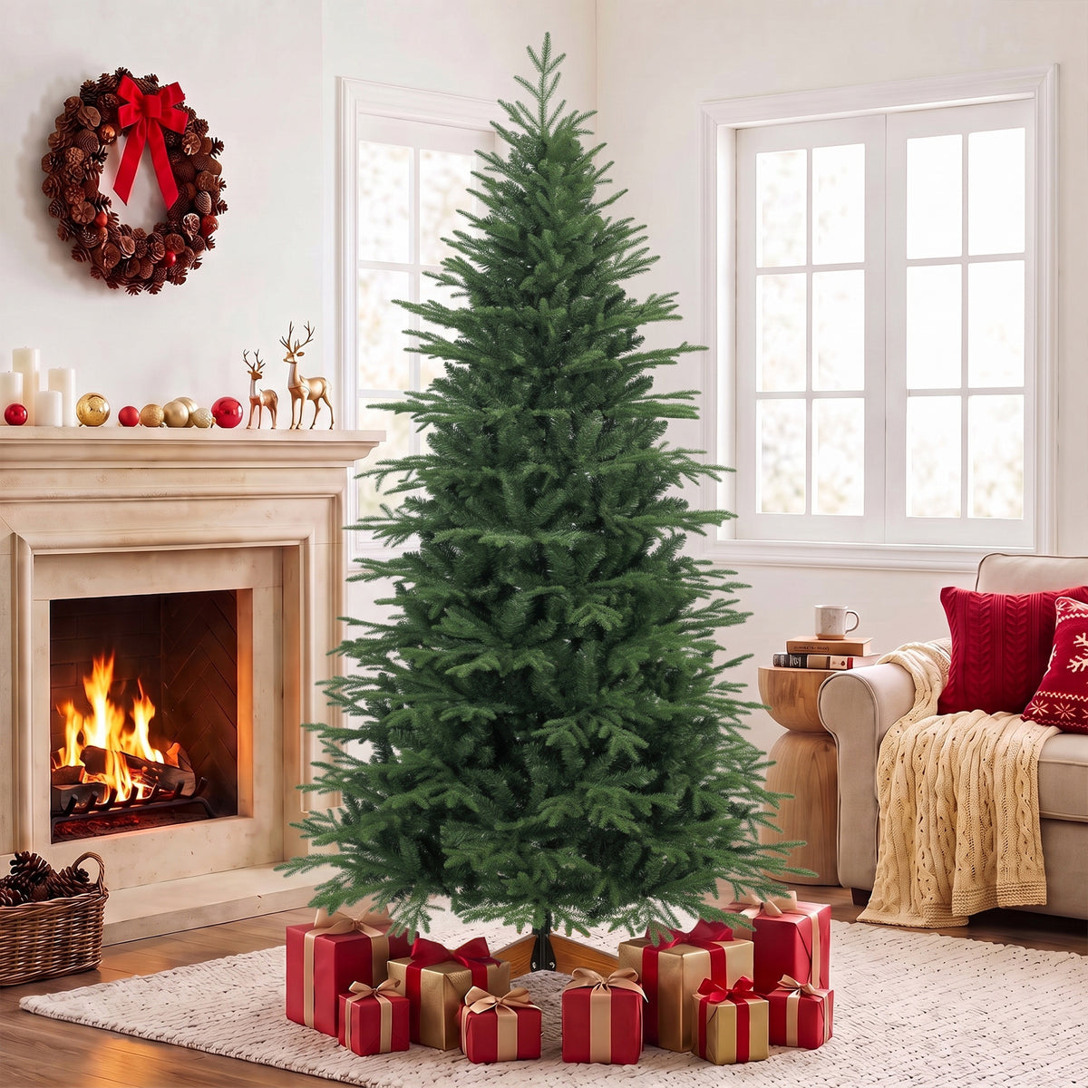 7ft Artificial Christmas Tree, Full Hinged Xmas Tree with 2719 PE & PVC Tips, Solid Pine Wood Stand for Home Office Holiday Decoration, Green
