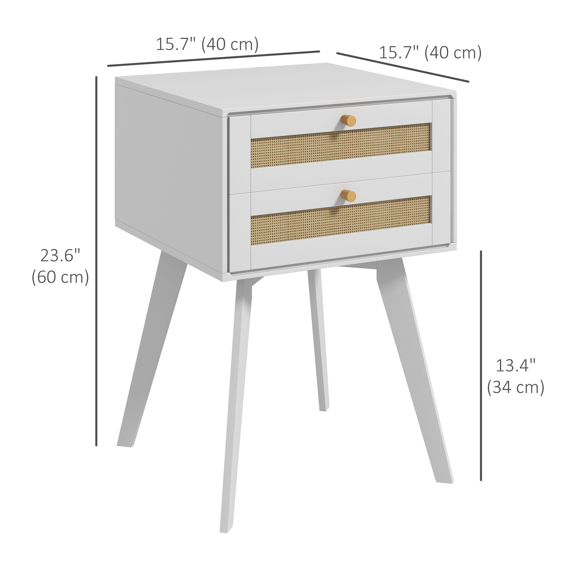 HOMCOM Bedside Tables Set of 2, Small Nightstands with 2 Drawers and Rattan Element, Boho Night Stands, Square Side Tables for Bedroom, White