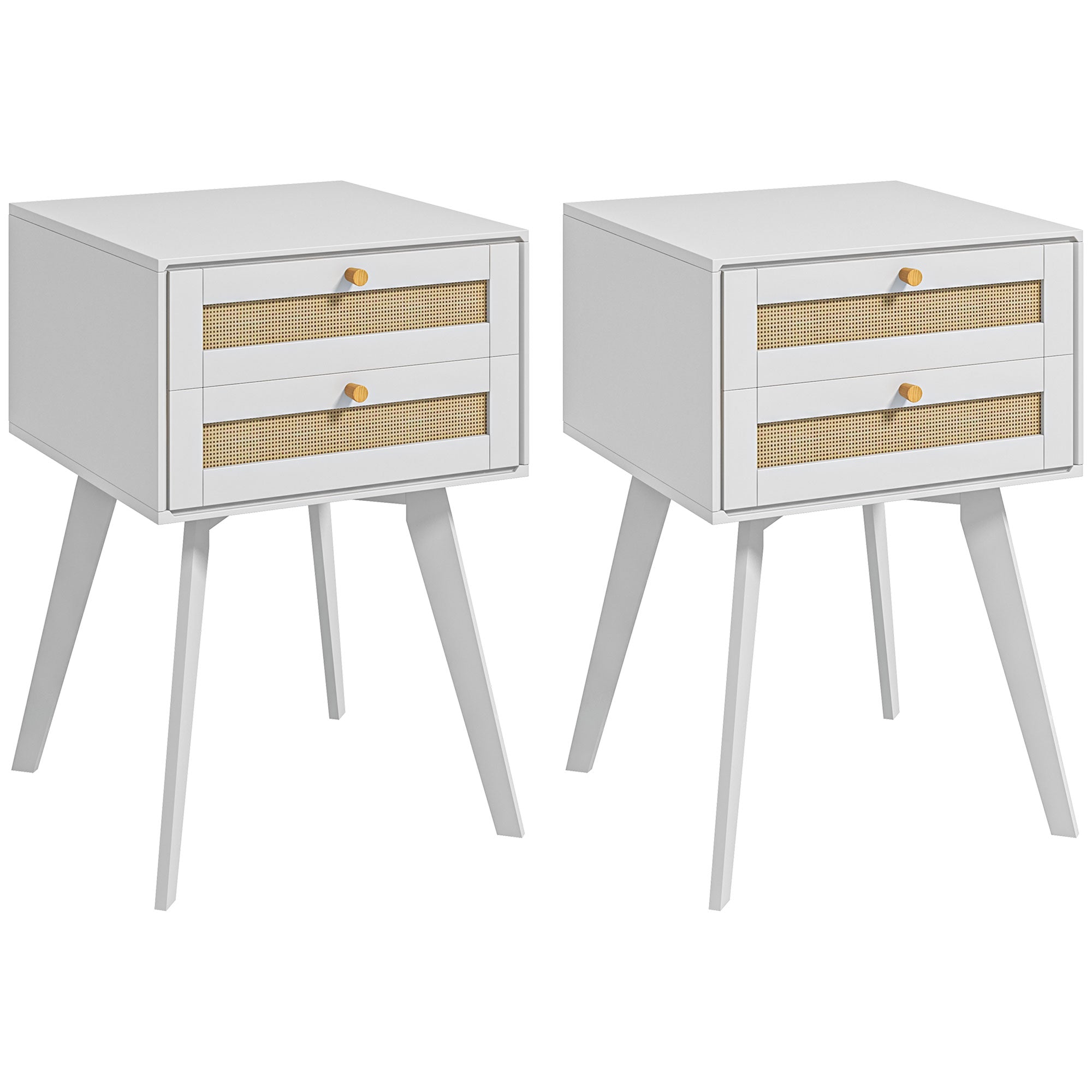 HOMCOM Bedside Tables Set of 2, Small Nightstands with 2 Drawers and Rattan Element, Boho Night Stands, Square Side Tables for Bedroom, White