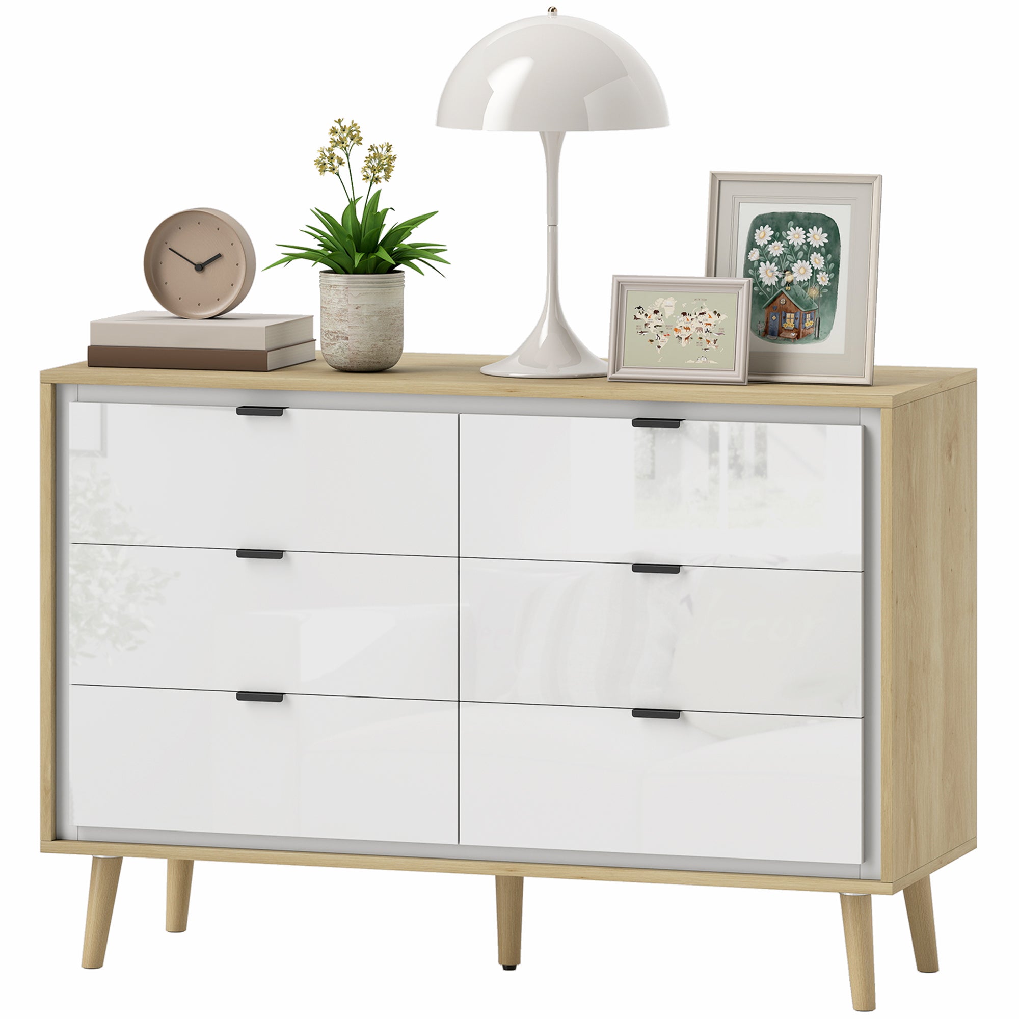 Chest of Drawers, 6 Drawer Dresser, Storage Cabinet with 6  Drawers and 5 Legs for Bedroom, Living Room,  High Gloss White