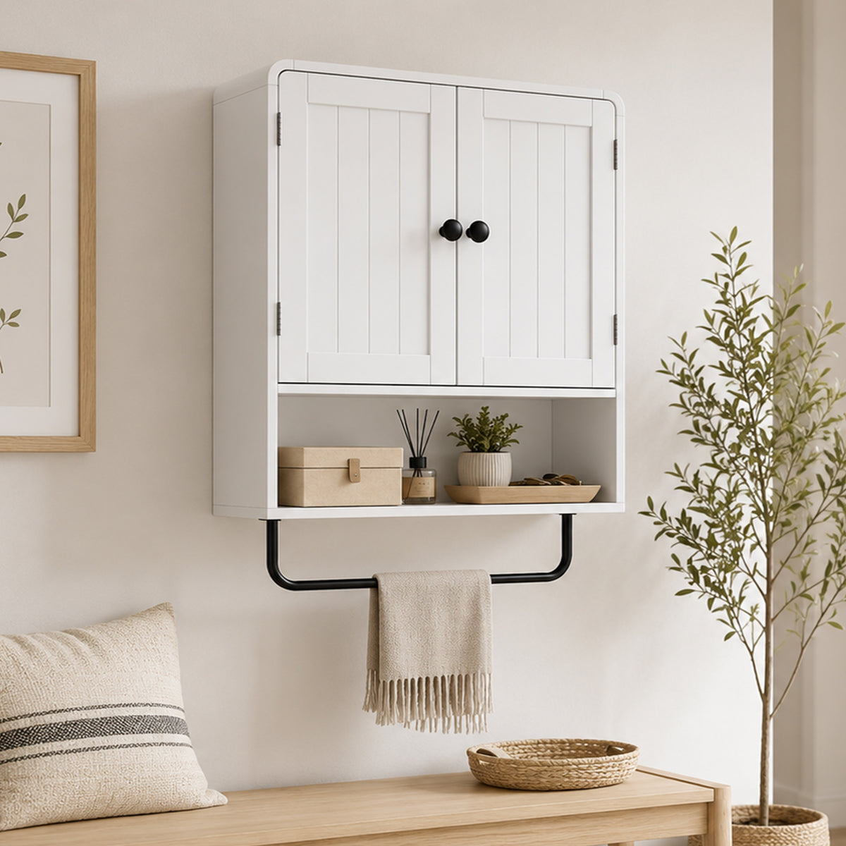 Bathroom Wall Cabinet, Wall Mounted Bathroom Cabinet with 2 Doors, Open Shelf, Towel Bar and Adjustable Shelf Storage for Toilet, Laundry, White