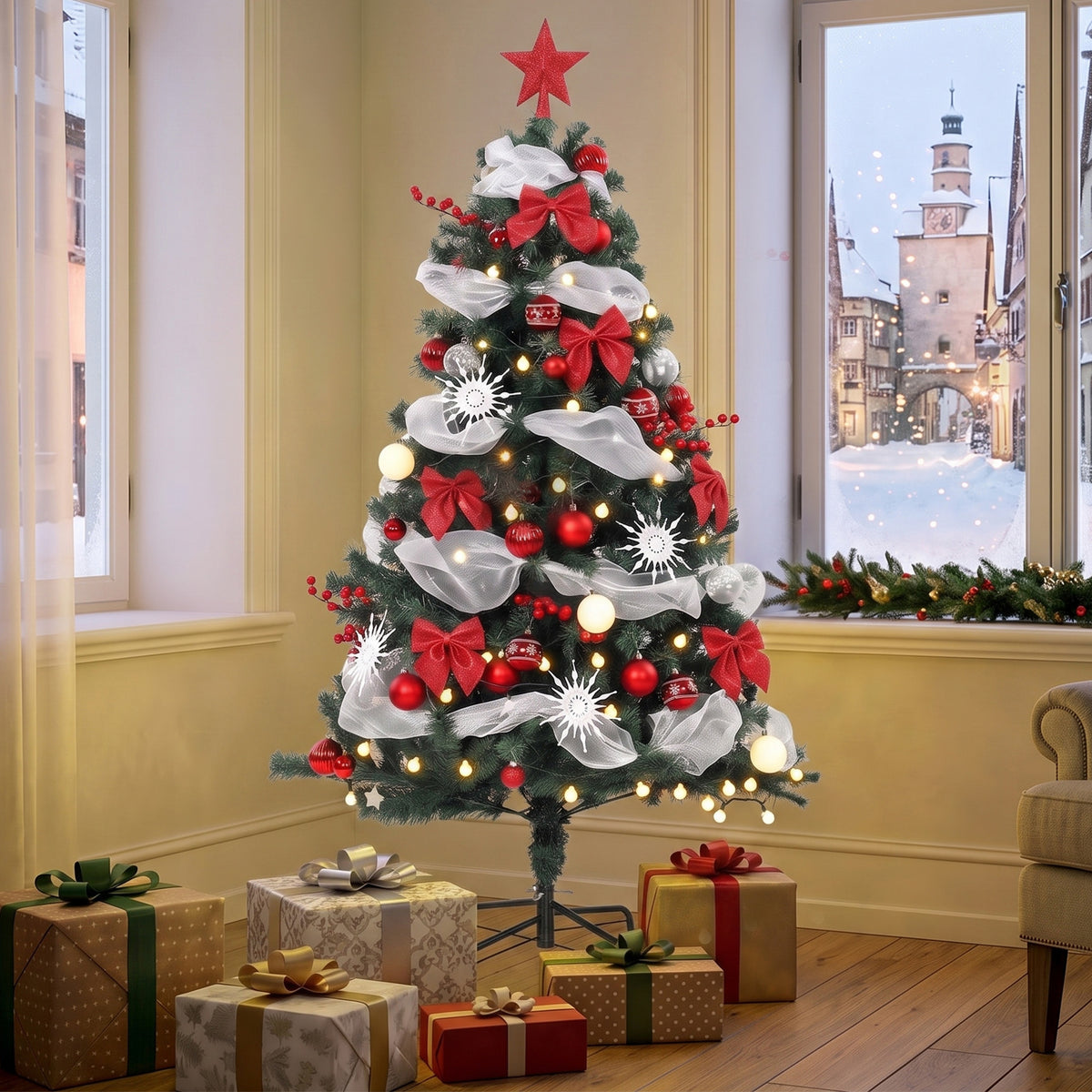 5ft Prelit Christmas Tree Spruce, Remote, Hinged, Artificial Xmas Tree with 8 Modes, 450 Tips, 150 LEDs, Balls, Ribbons, Bows, Foldable Metal Base, Green and Red