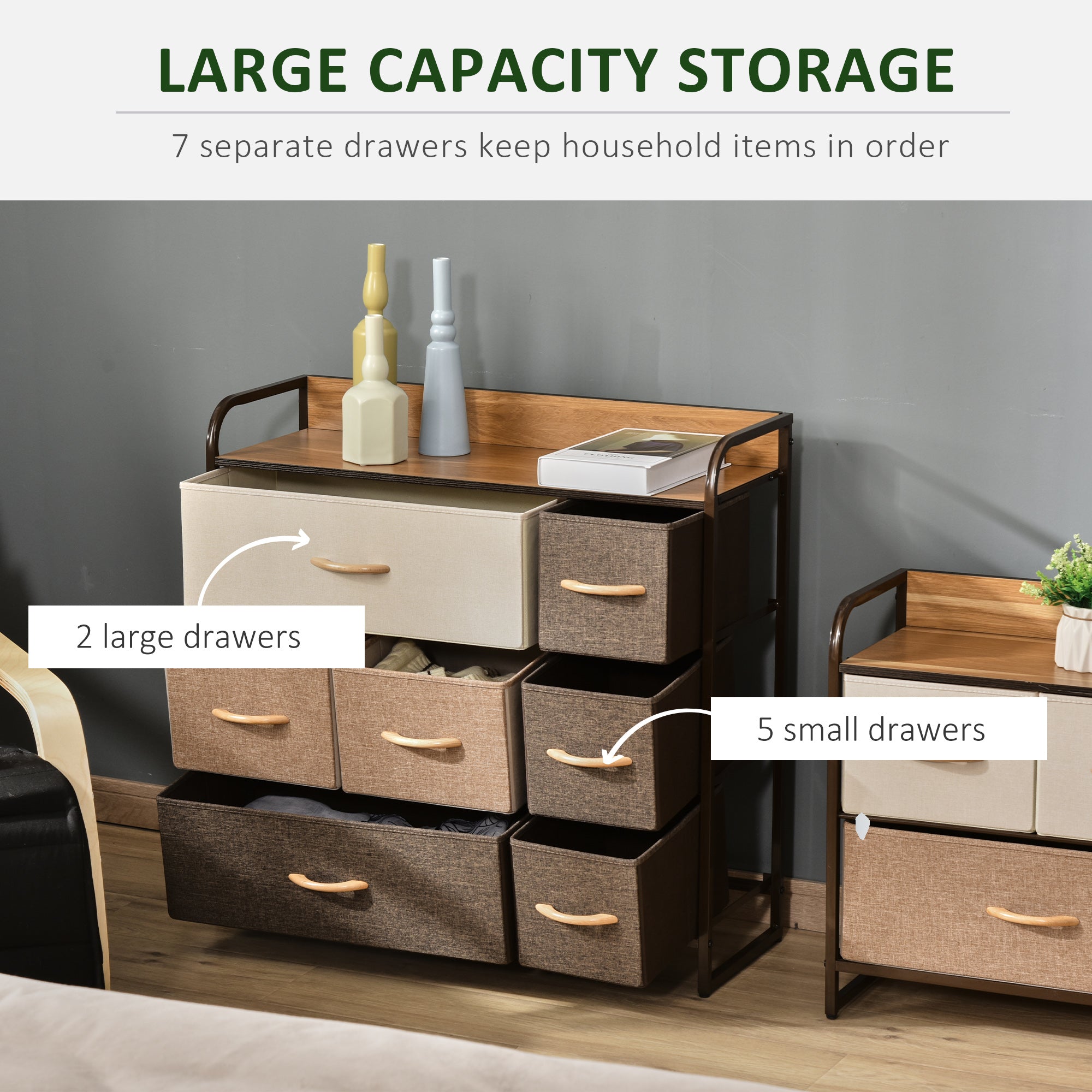 HOMCOM 7-Drawer Dresser, Fabric Chest of Drawers, 3-Tier Storage Tower with Steel Frame and Wooden Top for Bedroom, Nursery Room, Multicoloured