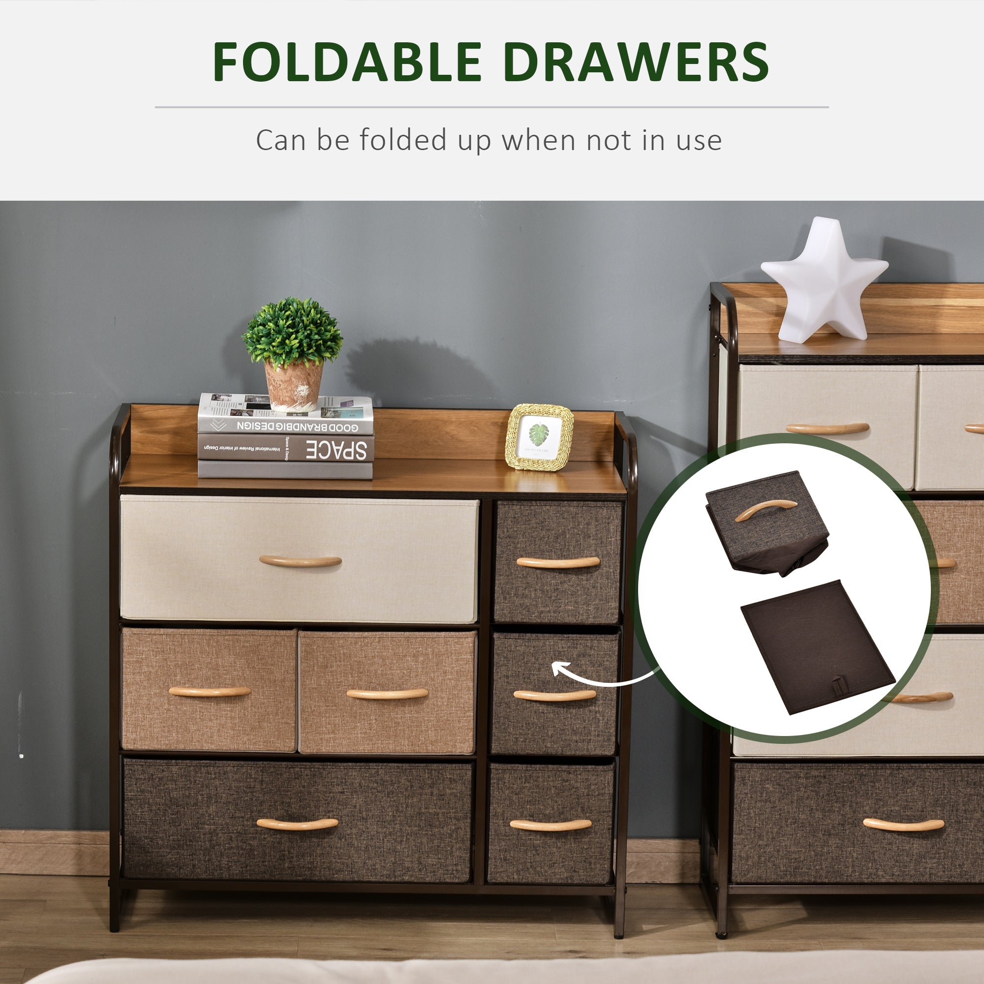 HOMCOM 7-Drawer Dresser, Fabric Chest of Drawers, 3-Tier Storage Tower with Steel Frame and Wooden Top for Bedroom, Nursery Room, Multicoloured