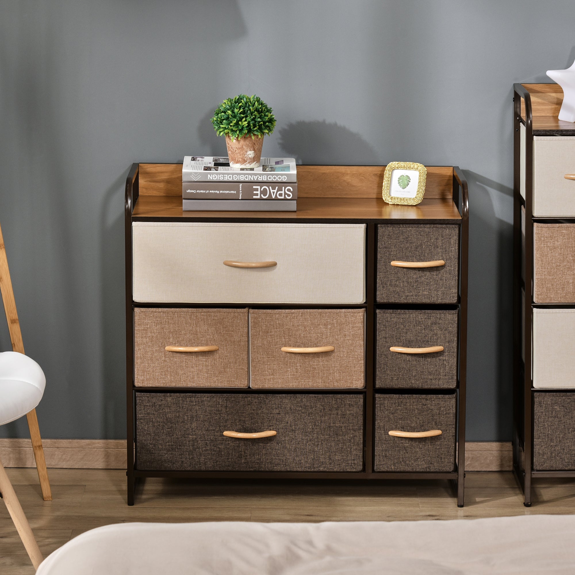 HOMCOM 7-Drawer Dresser, Fabric Chest of Drawers, 3-Tier Storage Tower with Steel Frame and Wooden Top for Bedroom, Nursery Room, Multicoloured